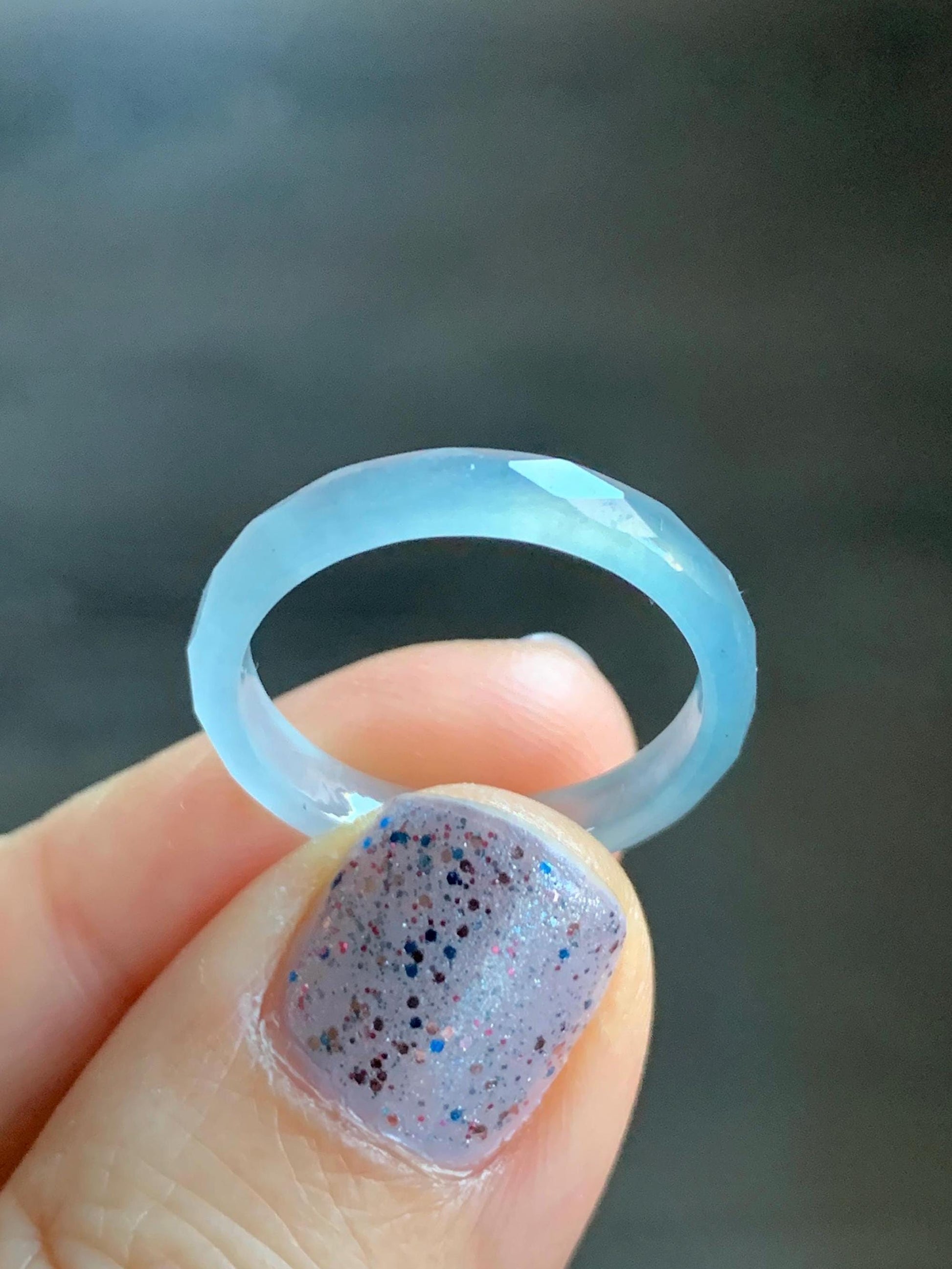 Natural Guatemalan Icy Highly Translucent Gelatinous Pale Blue Jadeite Diamond Faceted Slim Band Ring Size 7.75 US 天然冰危浅蓝起光翡翠切割面戒圈 ZQB8