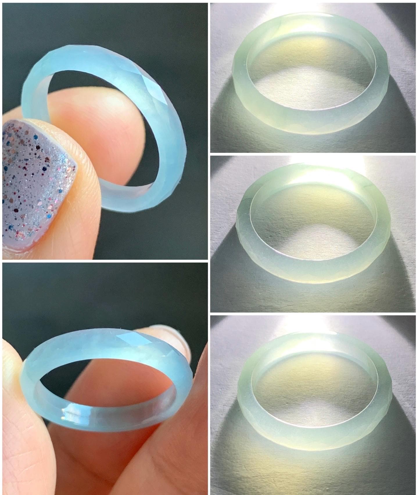 Natural Guatemalan Icy Highly Translucent Gelatinous Pale Blue Jadeite Diamond Faceted Slim Band Ring Size 6.5 US 天然冰危浅蓝起光翡翠切割面戒圈 ZQB7