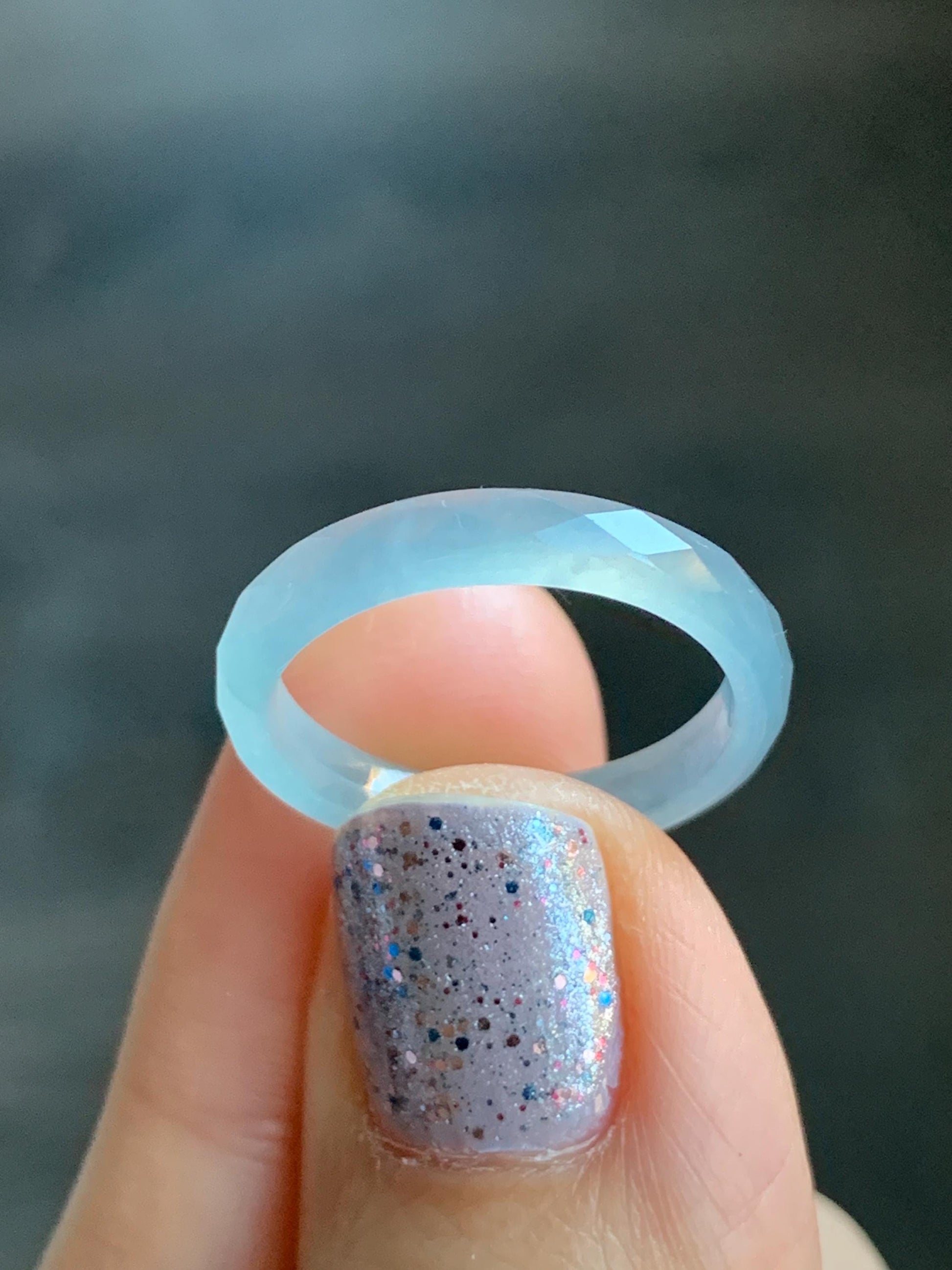 Natural Guatemalan Icy Highly Translucent Gelatinous Pale Blue Jadeite Diamond Faceted Slim Band Ring Size 6.5 US 天然冰危浅蓝起光翡翠切割面戒圈 ZQB7