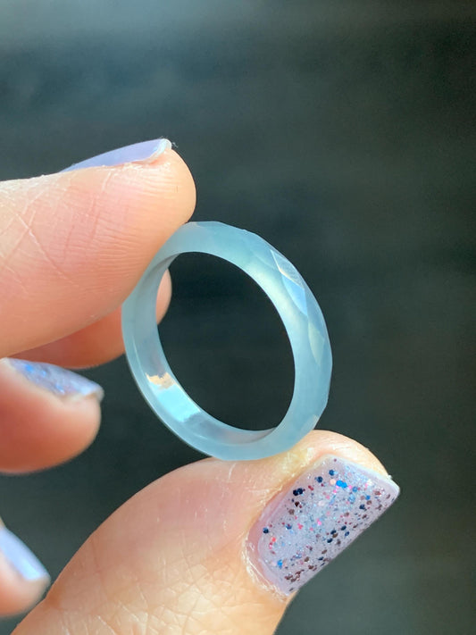 Natural Guatemalan Icy Highly Translucent Gelatinous Pale Blue Jadeite Diamond Faceted Slim Band Ring Size 6.5 US 天然冰危浅蓝起光翡翠切割面戒圈 ZQB7