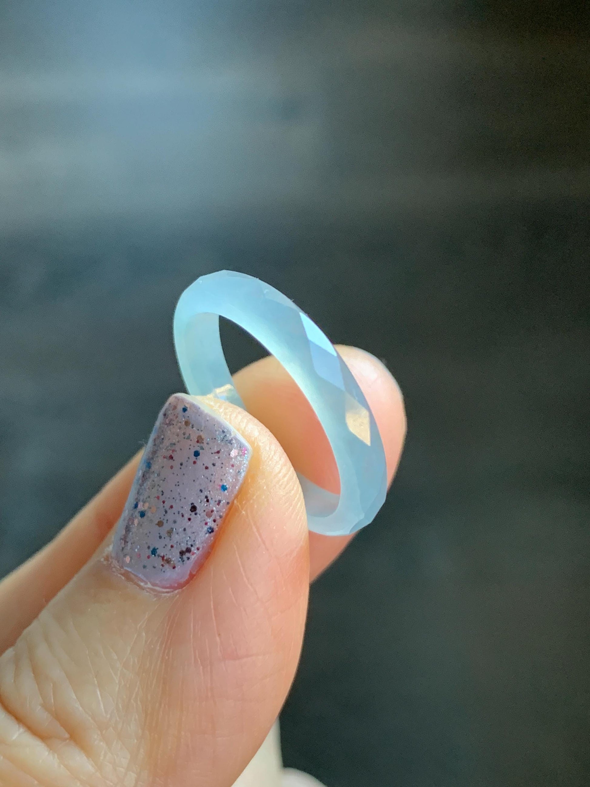 Natural Guatemalan Icy Highly Translucent Gelatinous Pale Blue Jadeite Diamond Faceted Slim Band Ring Size 6.5 US 天然冰危浅蓝起光翡翠切割面戒圈 ZQB7