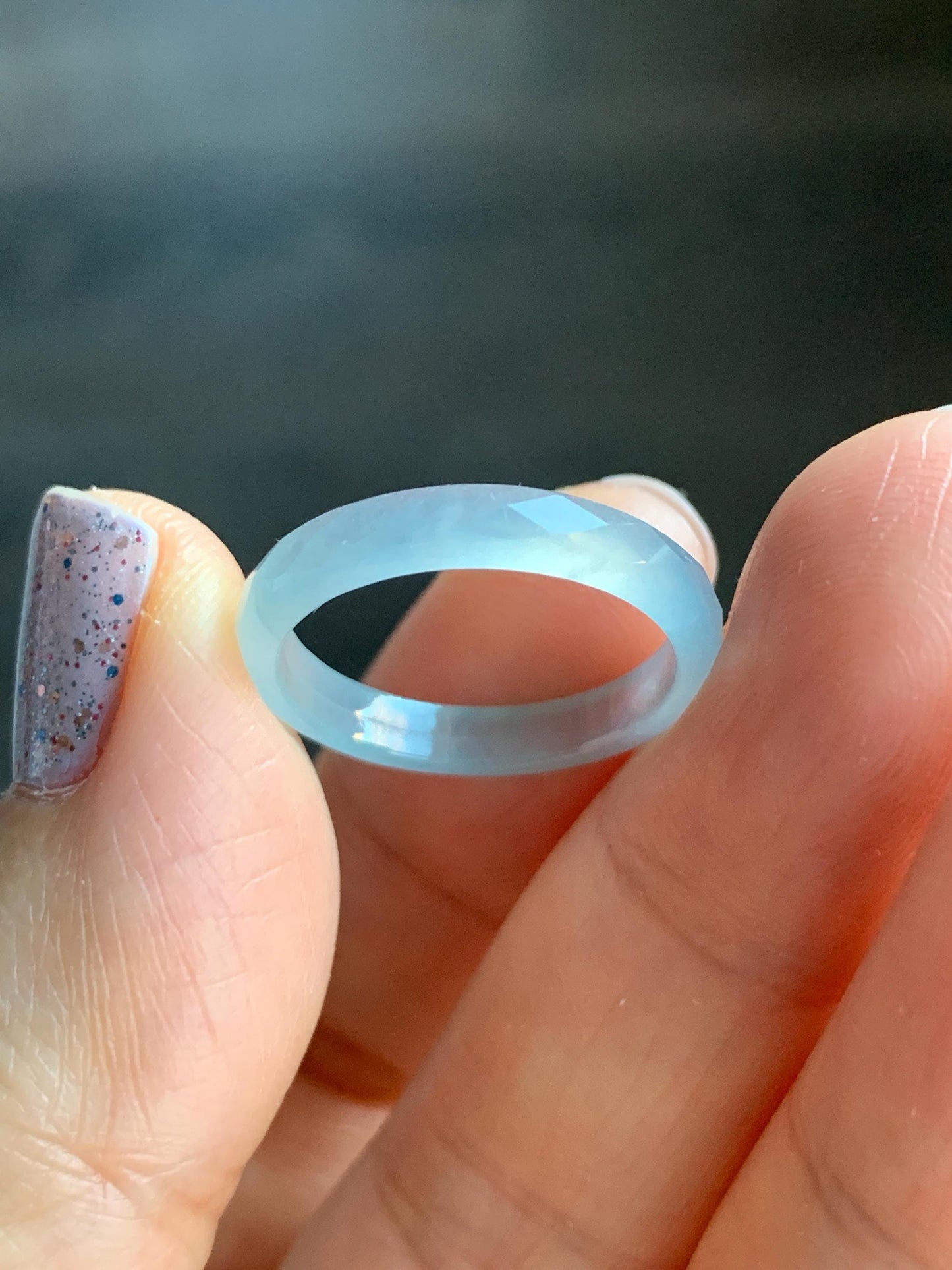 Natural Guatemalan Icy Highly Translucent Gelatinous Pale Blue Jadeite Diamond Faceted Slim Band Ring Size 6.5 US 天然冰危浅蓝起光翡翠切割面戒圈 ZQB7