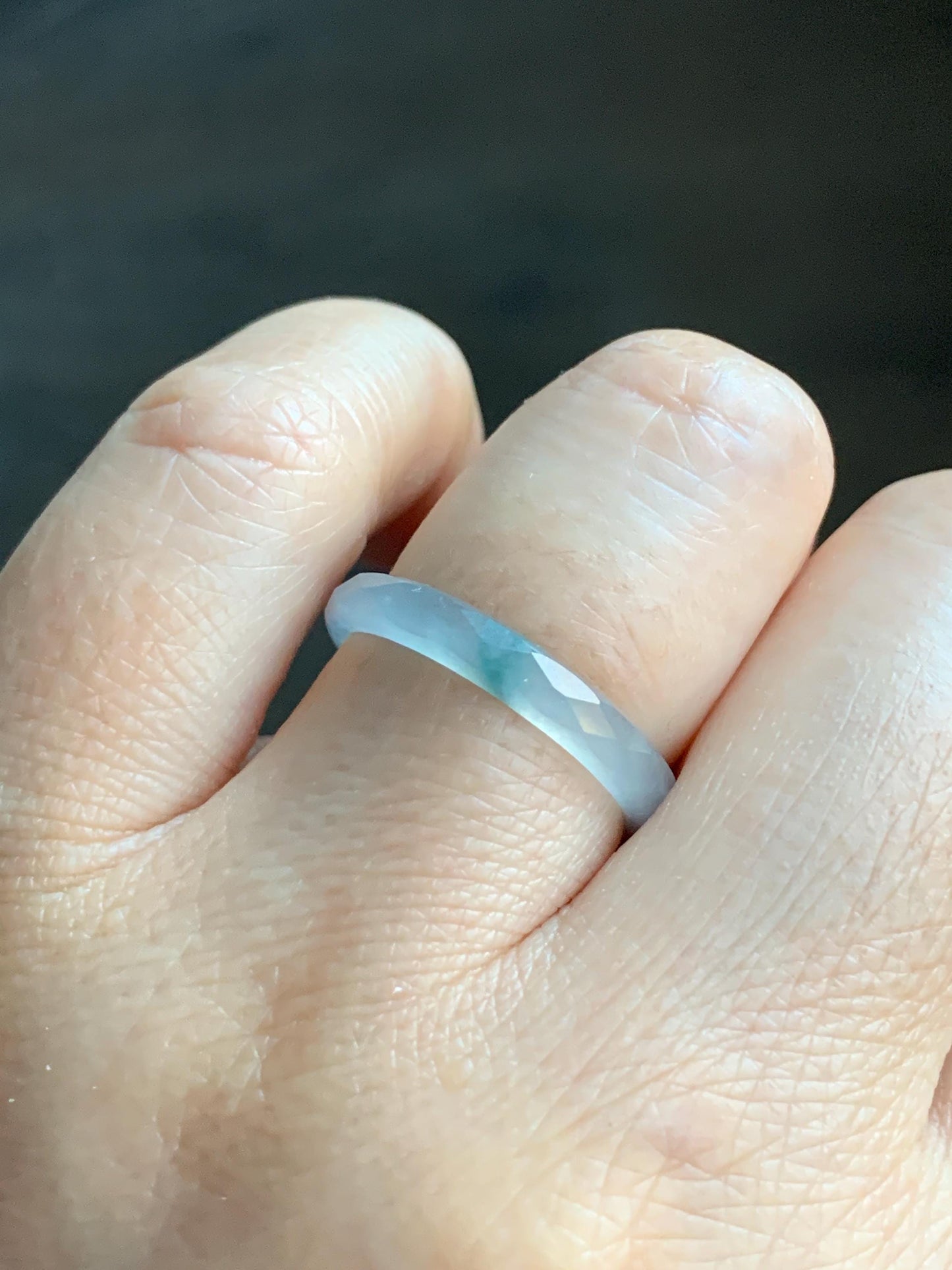 Natural Guatemalan Icy Highly Translucent Gelatinous Pale Blue Jadeite Diamond Faceted Slim Band Ring Size 7.75 US 天然冰危浅蓝飘蓝花起光翡翠切割面戒圈 ZQB6