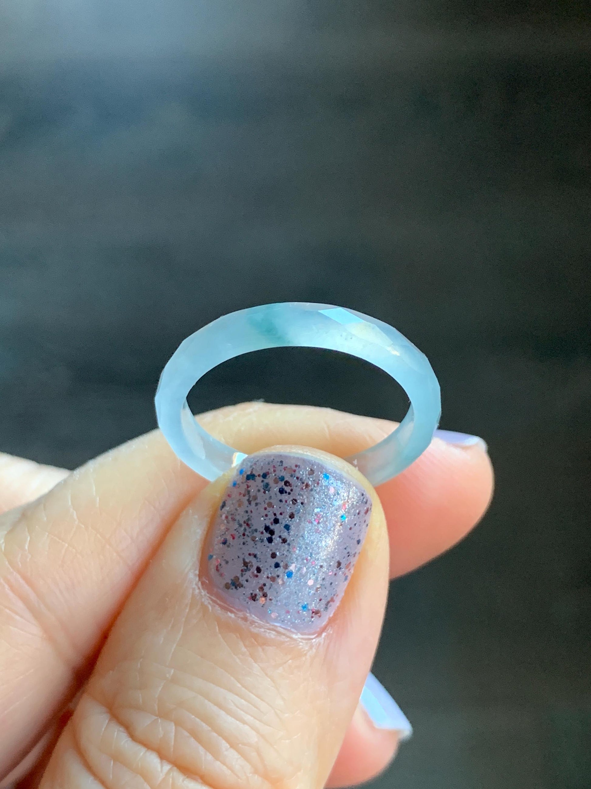 Natural Guatemalan Icy Highly Translucent Gelatinous Pale Blue Jadeite Diamond Faceted Slim Band Ring Size 7.75 US 天然冰危浅蓝飘蓝花起光翡翠切割面戒圈 ZQB6