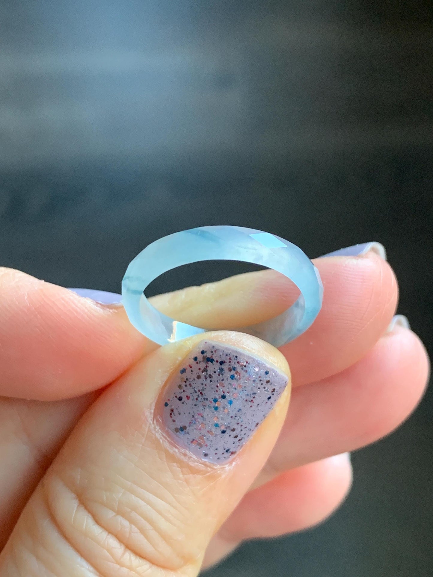 Natural Guatemalan Icy Highly Translucent Gelatinous Pale Blue Jadeite Diamond Faceted Slim Band Ring Size 6.75 US 天然冰危浅蓝飘蓝花起光翡翠切割面戒圈 ZQB5