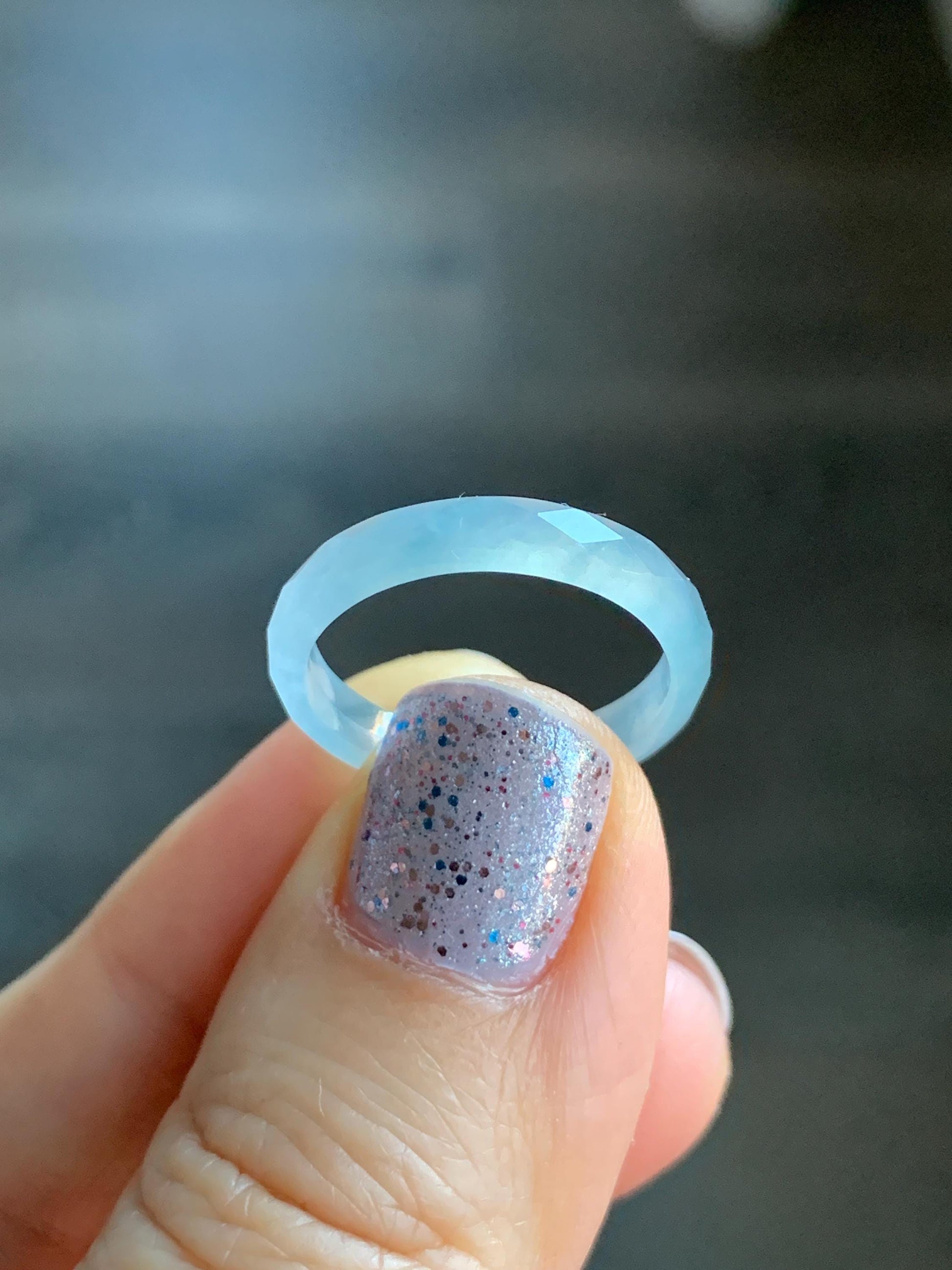 Natural Guatemalan Icy Highly Translucent Gelatinous Pale Blue Jadeite Diamond Faceted Slim Band Ring Size 6.75 US 天然冰危浅蓝飘蓝花起光翡翠切割面戒圈 ZQB5