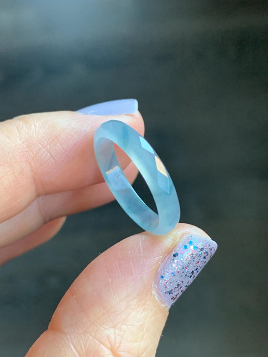 Natural Guatemalan Icy Highly Translucent Gelatinous Pale Blue Jadeite Diamond Faceted Slim Band Ring Size 6.75 US 天然冰危浅蓝飘蓝花起光翡翠切割面戒圈 ZQB5