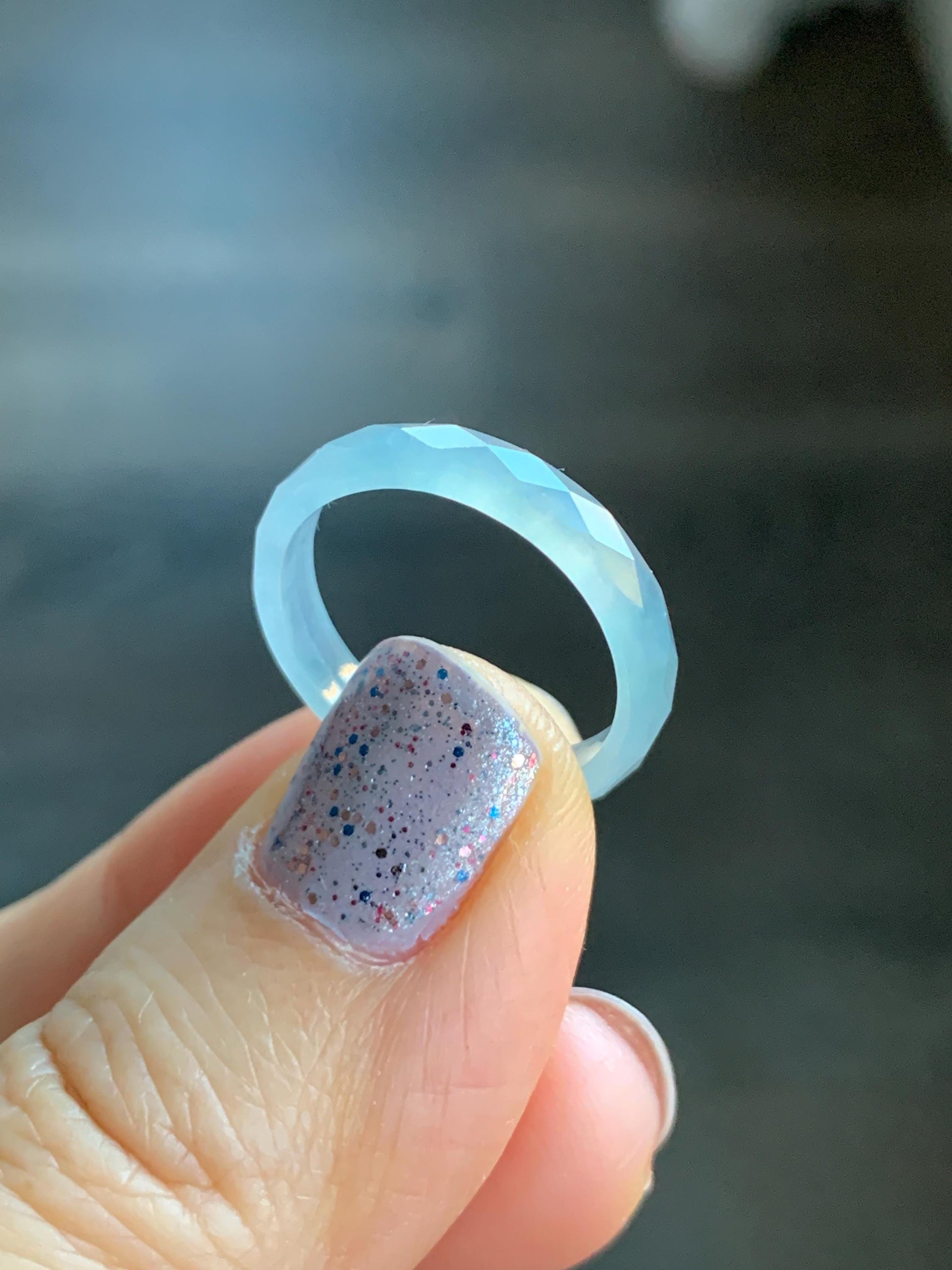 Natural Guatemalan Icy Highly Translucent Gelatinous Pale Blue Jadeite Diamond Faceted Slim Band Ring Size 6.75 US 天然冰危浅蓝飘蓝花起光翡翠切割面戒圈 ZQB5