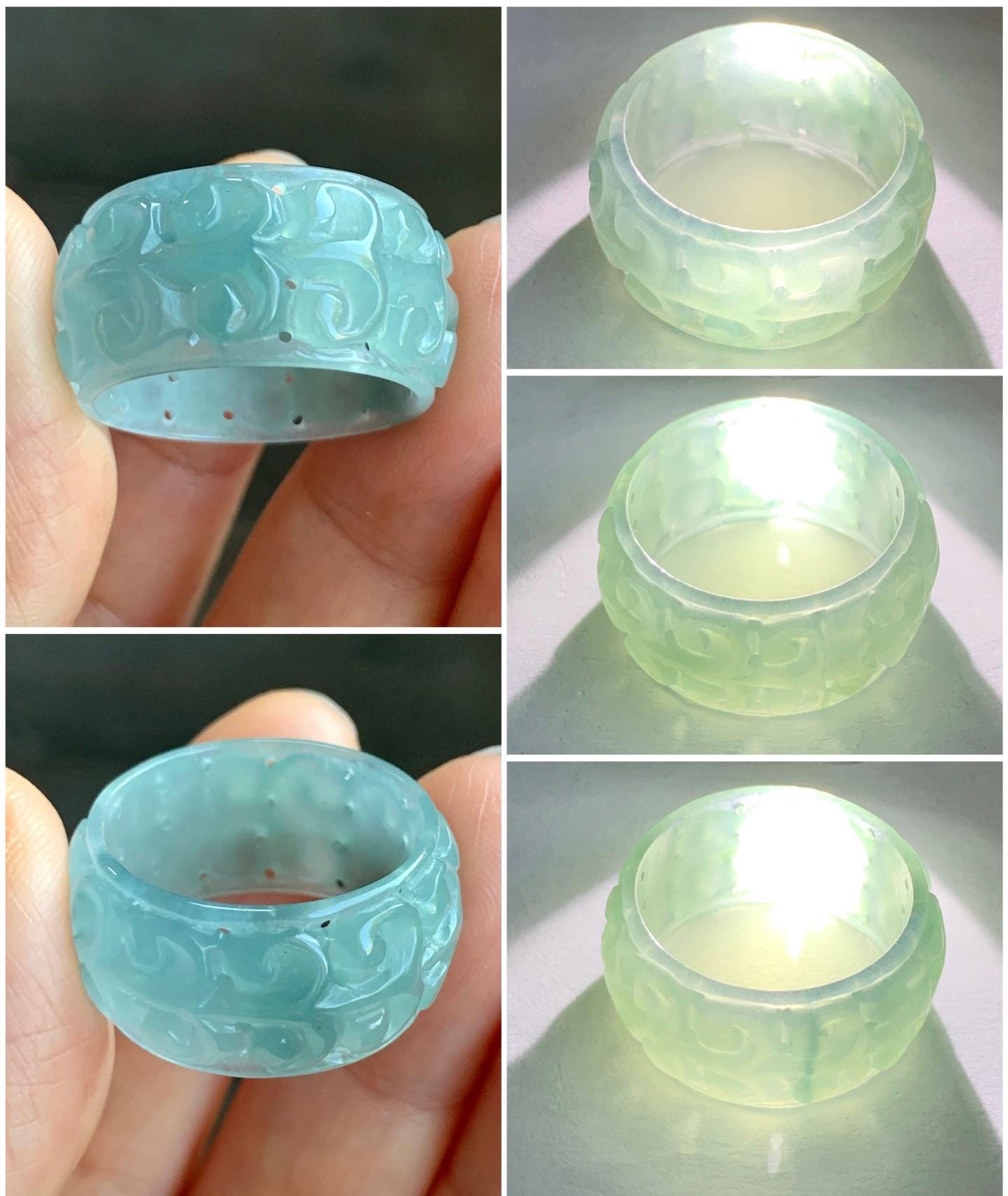 Natural Guatemalan Icy Translucent Light Dusty Blue & Blue Marbled Jadeite Openwork Engraved Band Ring Size 10 US 天然冰胶危淡蓝飘花翡翠镂空雕戒圈 LKD-C