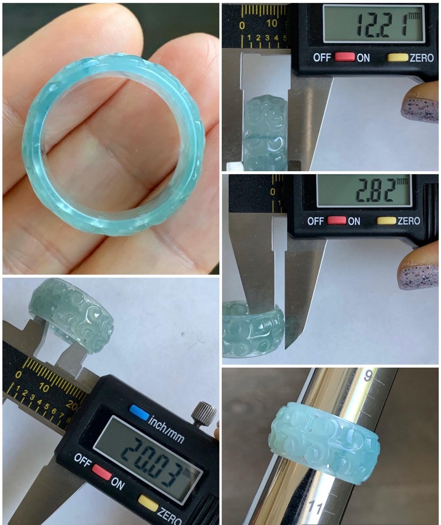 Natural Guatemalan Icy Translucent Light Dusty Blue & Blue Marbled Jadeite Openwork Engraved Band Ring Size 10 US 天然冰胶危淡蓝飘花翡翠镂空雕戒圈 LKD-C