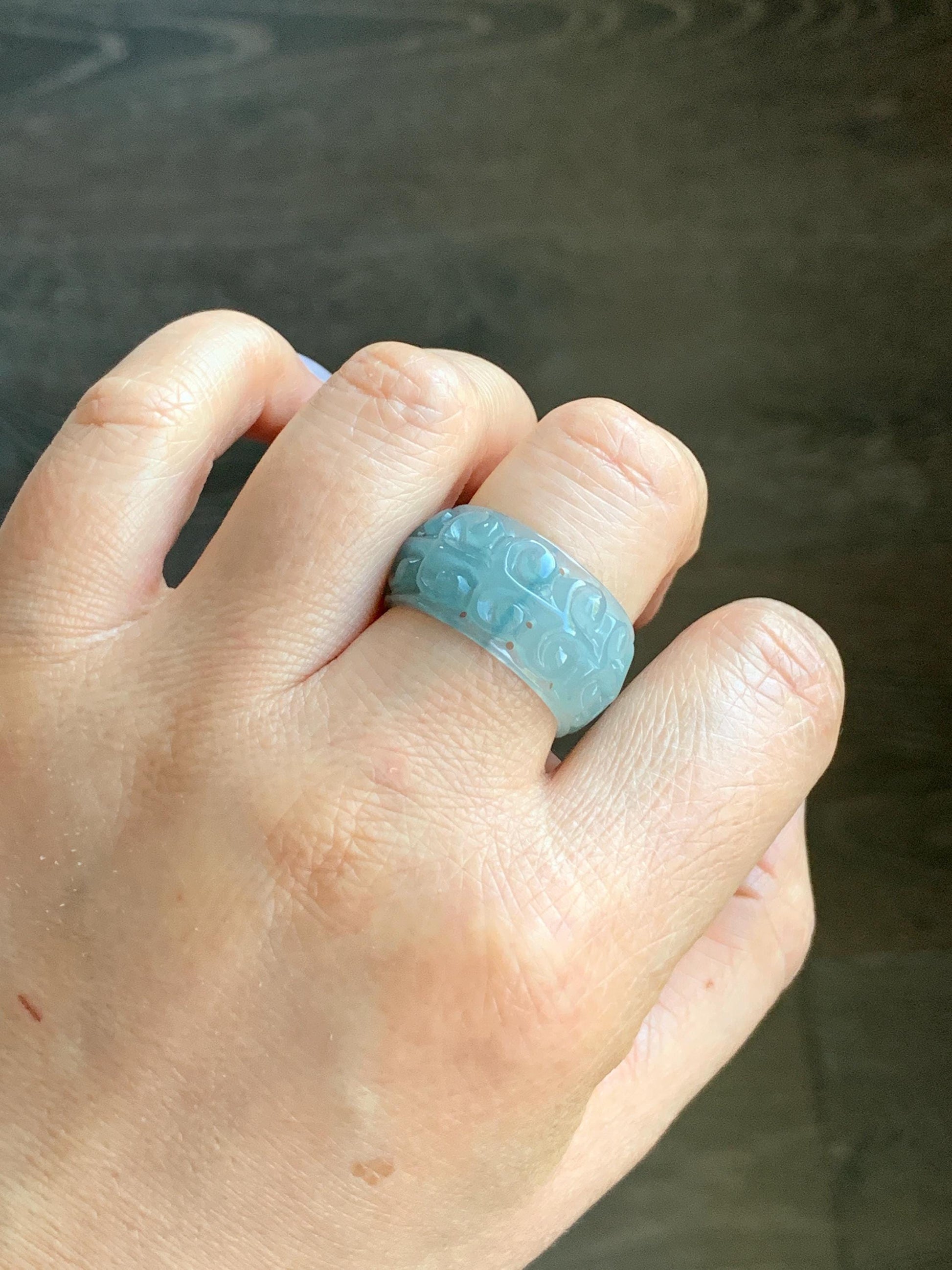 Natural Guatemalan Icy Translucent Light Dusty Blue & Blue Marbled Jadeite Openwork Engraved Band Ring Size 10 US 天然冰胶危淡蓝飘花翡翠镂空雕戒圈 LKD-C
