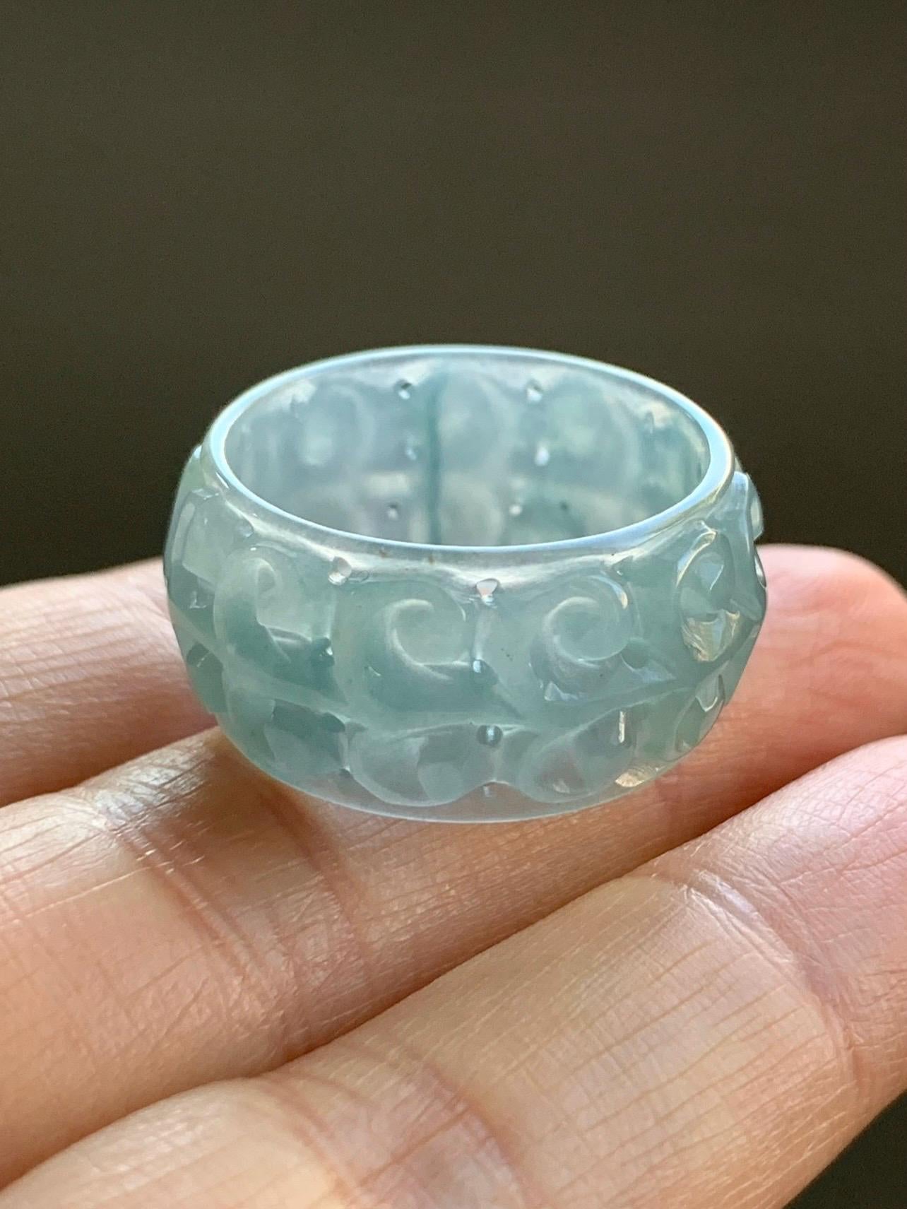 Natural Guatemalan Icy Translucent Light Dusty Blue & Blue Marbled Jadeite Openwork Engraved Band Ring Size 10 US 天然冰胶危淡蓝飘花翡翠镂空雕戒圈 LKD-C