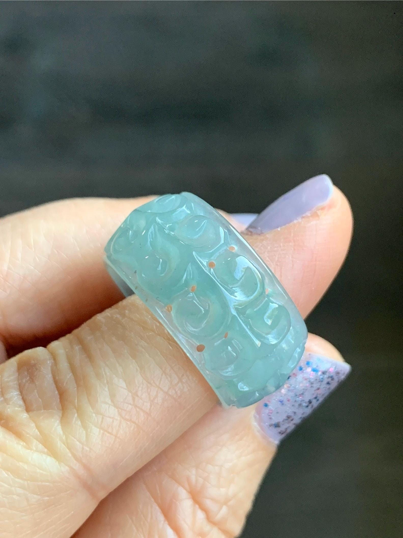 Natural Guatemalan Icy Translucent Light Dusty Blue & Blue Marbled Jadeite Openwork Engraved Band Ring Size 10 US 天然冰胶危淡蓝飘花翡翠镂空雕戒圈 LKD-C