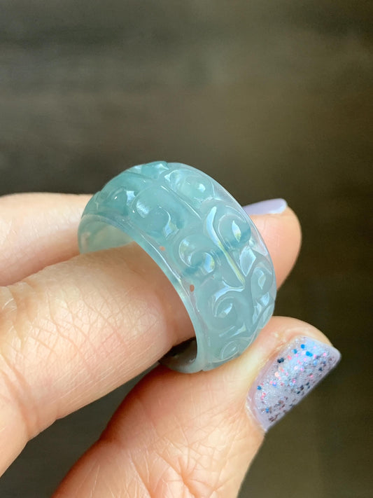 Natural Guatemalan Icy Translucent Light Dusty Blue & Blue Marbled Jadeite Openwork Engraved Band Ring Size 10 US 天然冰胶危淡蓝飘花翡翠镂空雕戒圈 LKD-C