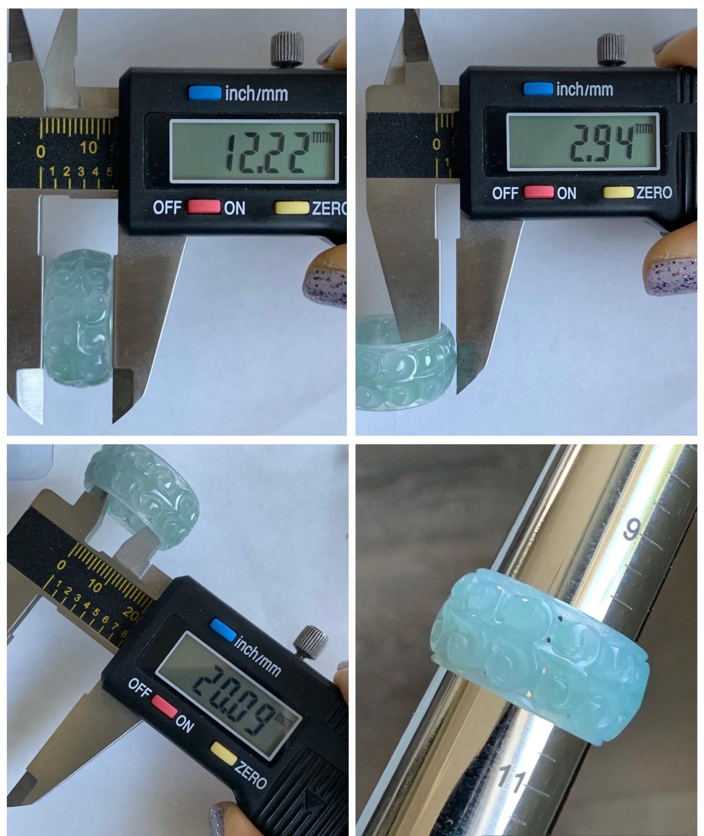Natural Guatemalan Icy Translucent Gelatinous Light Dusty Teal Blue Jadeite Openwork Engraved Band Ring Size 10 US 天然冰胶危淡蓝翡翠镂空雕戒圈 LKD-B