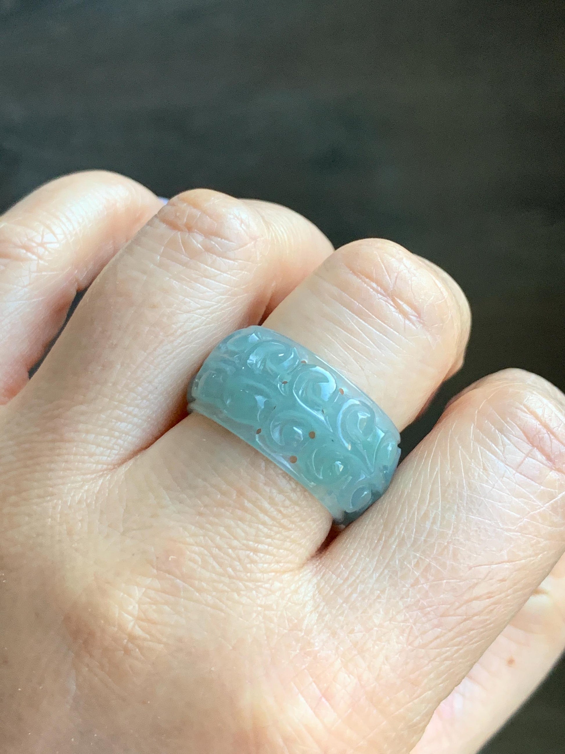 Natural Guatemalan Icy Translucent Gelatinous Light Dusty Teal Blue Jadeite Openwork Engraved Band Ring Size 10 US 天然冰胶危淡蓝翡翠镂空雕戒圈 LKD-B