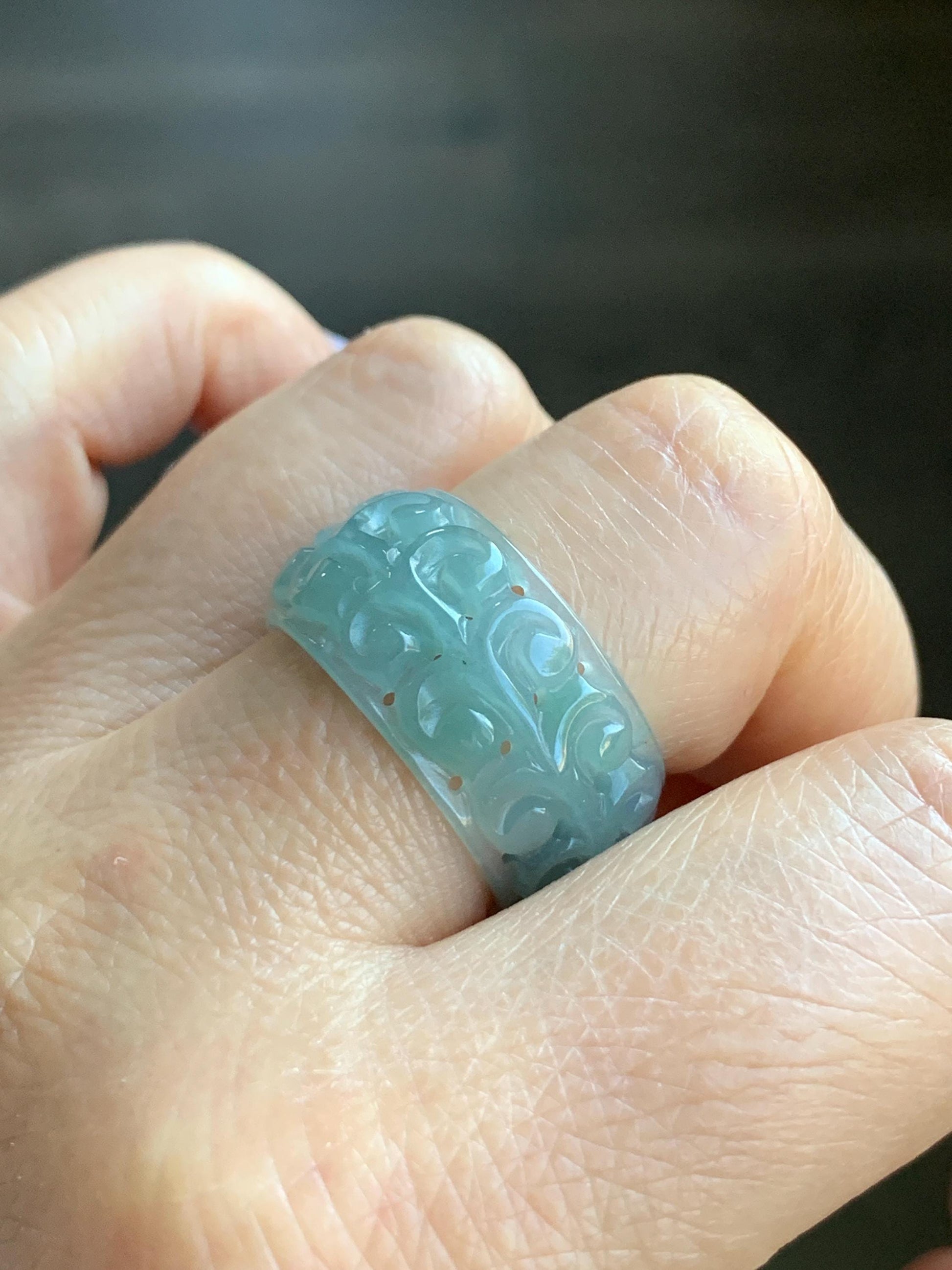 Natural Guatemalan Icy Translucent Gelatinous Light Dusty Teal Blue Jadeite Openwork Engraved Band Ring Size 10 US 天然冰胶危淡蓝翡翠镂空雕戒圈 LKD-B