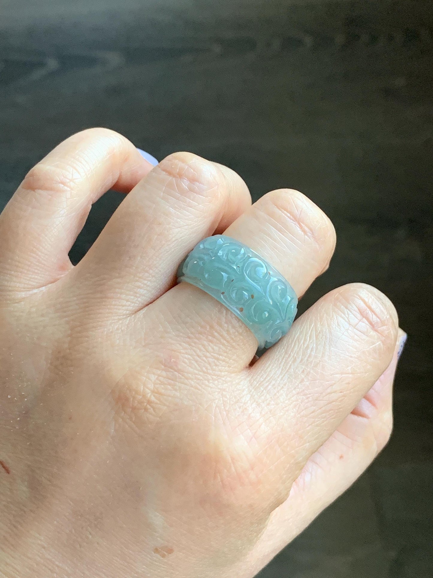 Natural Guatemalan Icy Translucent Gelatinous Light Dusty Teal Blue Jadeite Openwork Engraved Band Ring Size 10 US 天然冰胶危淡蓝翡翠镂空雕戒圈 LKD-B