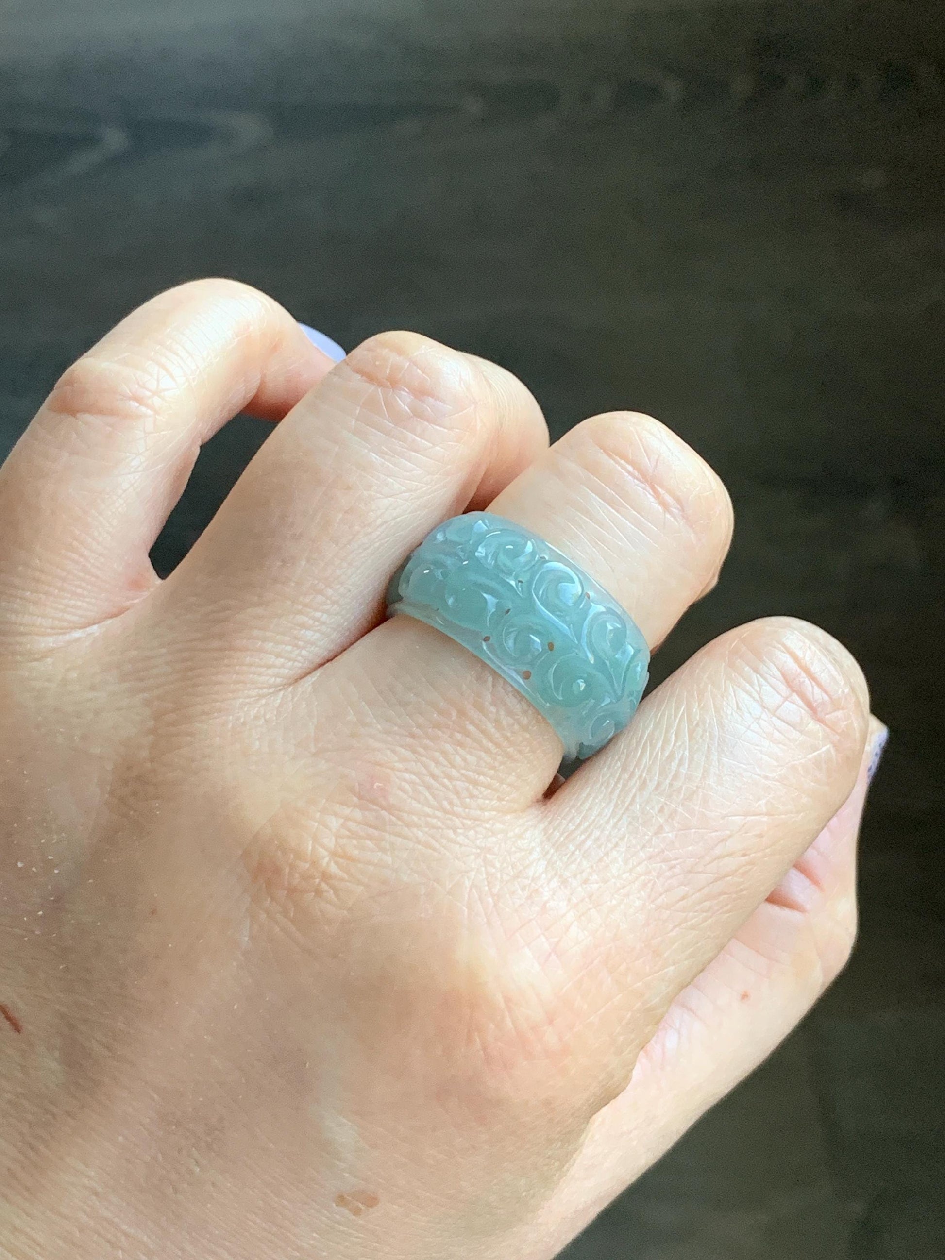 Natural Guatemalan Icy Translucent Gelatinous Light Dusty Teal Blue Jadeite Openwork Engraved Band Ring Size 10 US 天然冰胶危淡蓝翡翠镂空雕戒圈 LKD-B