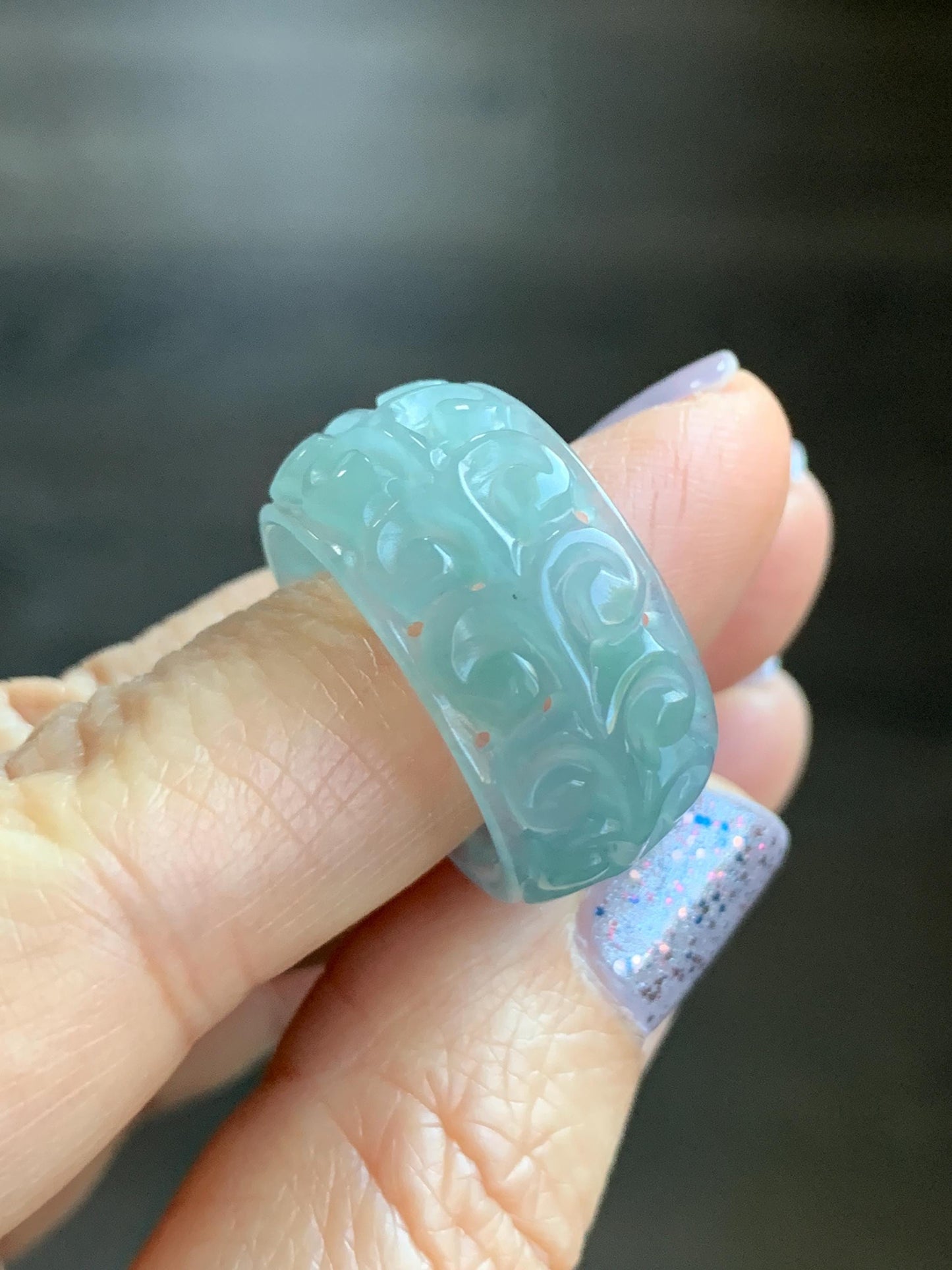 Natural Guatemalan Icy Translucent Gelatinous Light Dusty Teal Blue Jadeite Openwork Engraved Band Ring Size 10 US 天然冰胶危淡蓝翡翠镂空雕戒圈 LKD-B