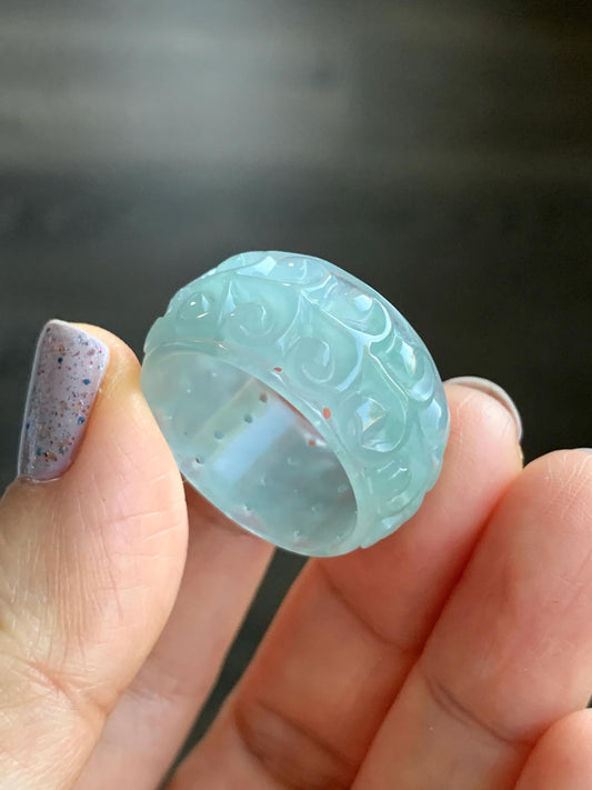 Natural Guatemalan Icy Translucent Gelatinous Light Dusty Teal Blue Jadeite Openwork Engraved Band Ring Size 10 US 天然冰胶危淡蓝翡翠镂空雕戒圈 LKD-B