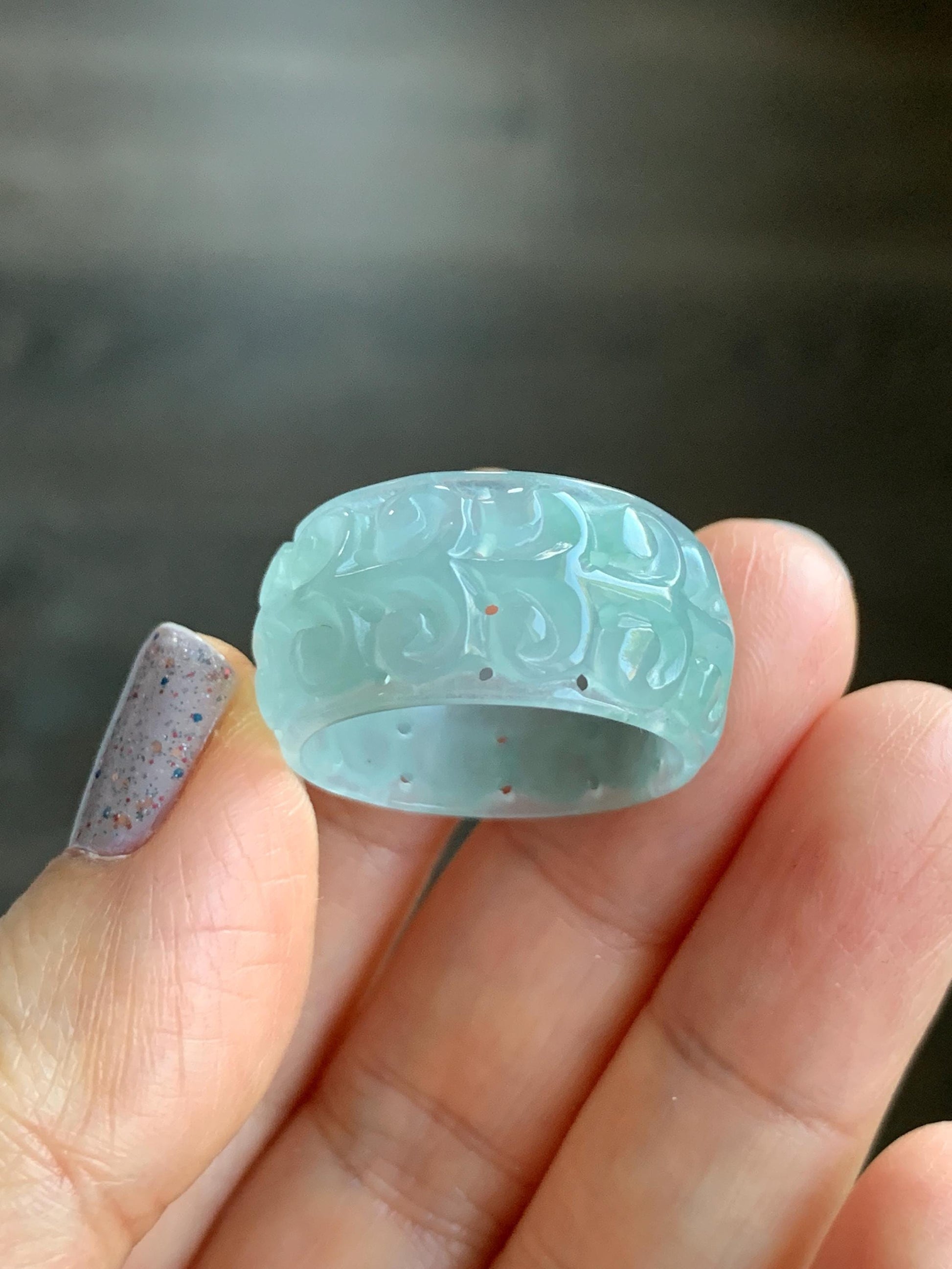 Natural Guatemalan Icy Translucent Gelatinous Light Dusty Teal Blue Jadeite Openwork Engraved Band Ring Size 10 US 天然冰胶危淡蓝翡翠镂空雕戒圈 LKD-B