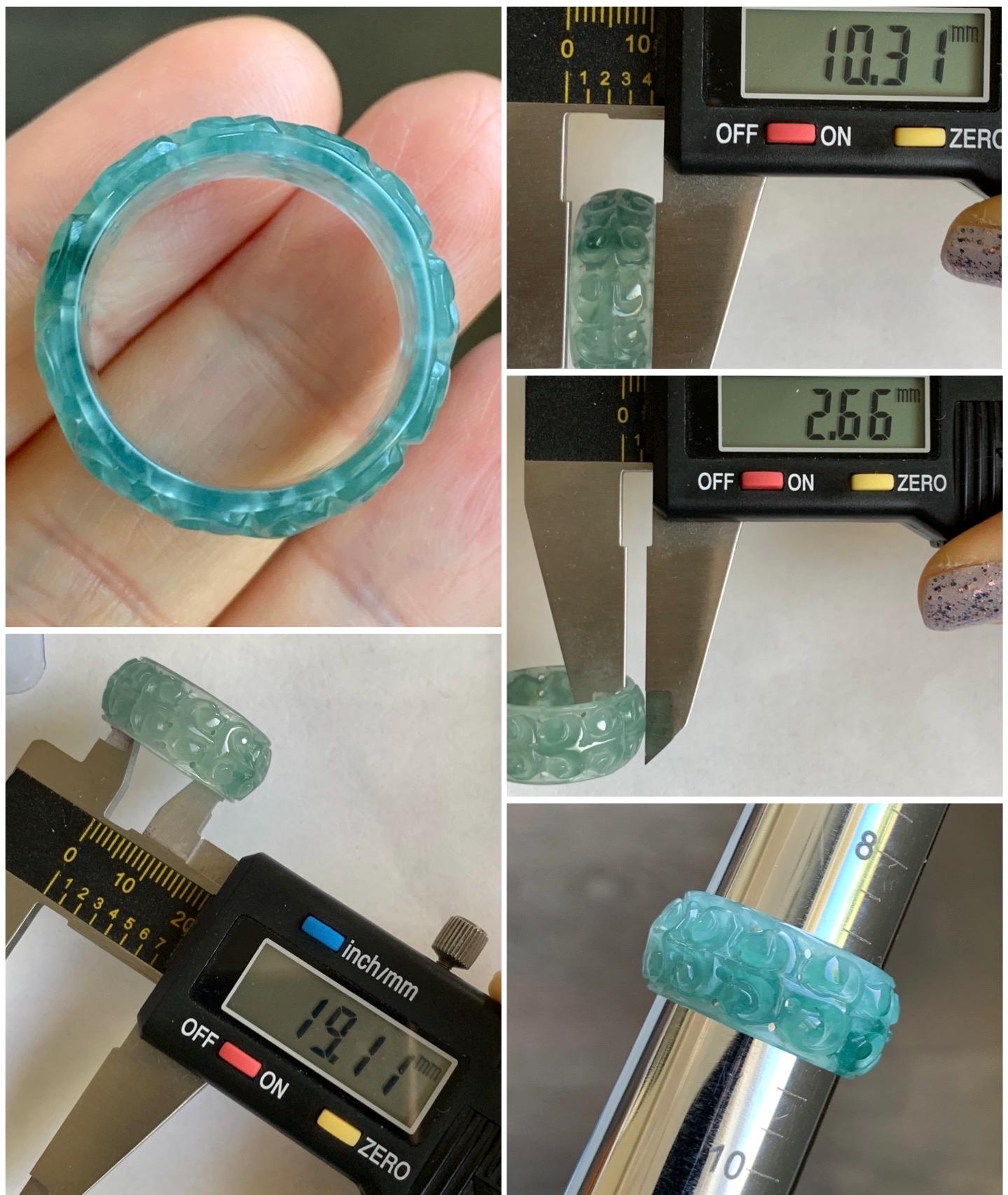 Natural Guatemalan Icy Translucent Teal Blue & Dark Green Marbled Jadeite Openwork Engraved Band Ring Size 9 US 天然冰胶危蓝绿飘花翡翠镂空雕戒圈 LKD-A