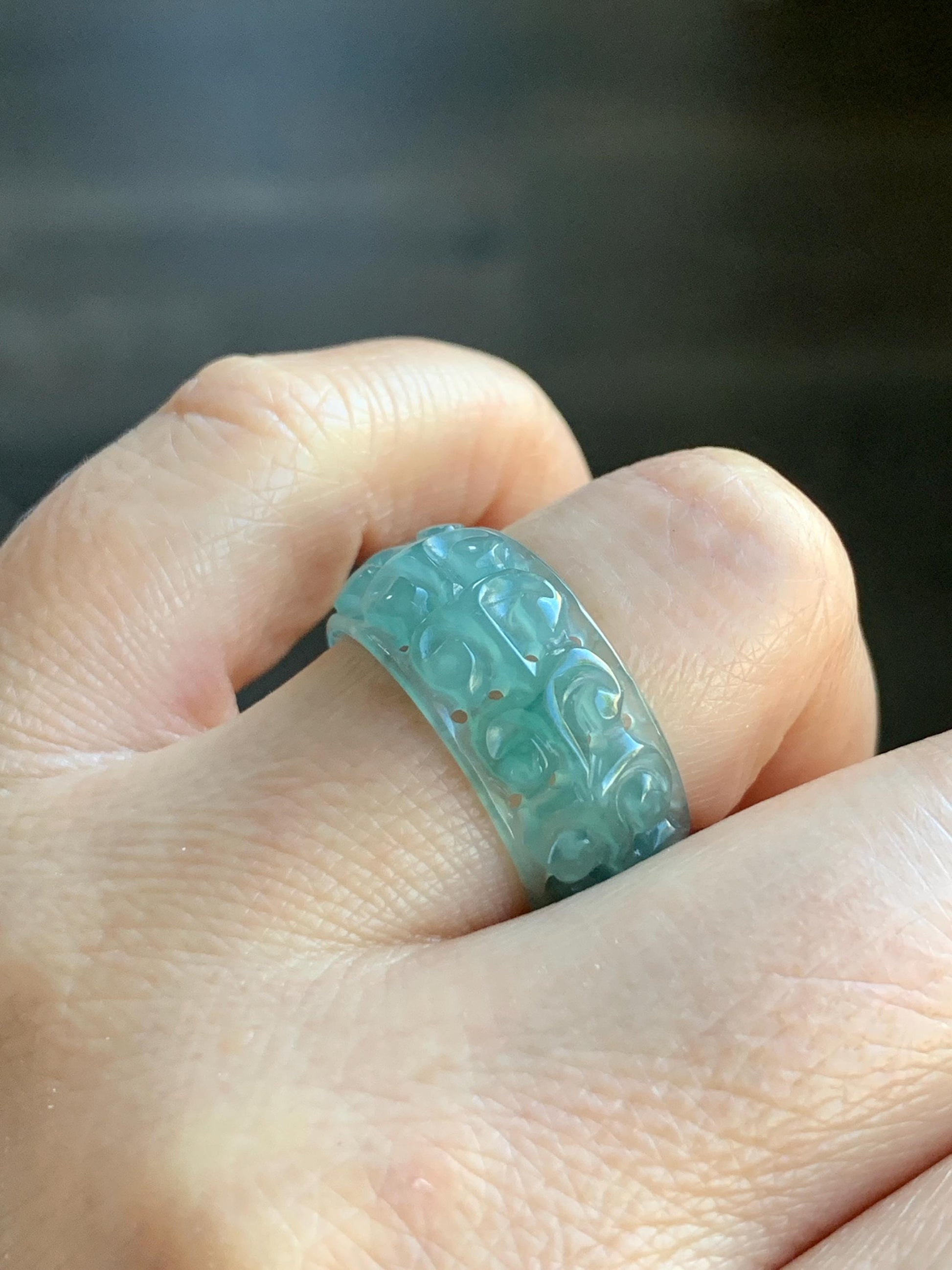 Natural Guatemalan Icy Translucent Teal Blue & Dark Green Marbled Jadeite Openwork Engraved Band Ring Size 9 US 天然冰胶危蓝绿飘花翡翠镂空雕戒圈 LKD-A