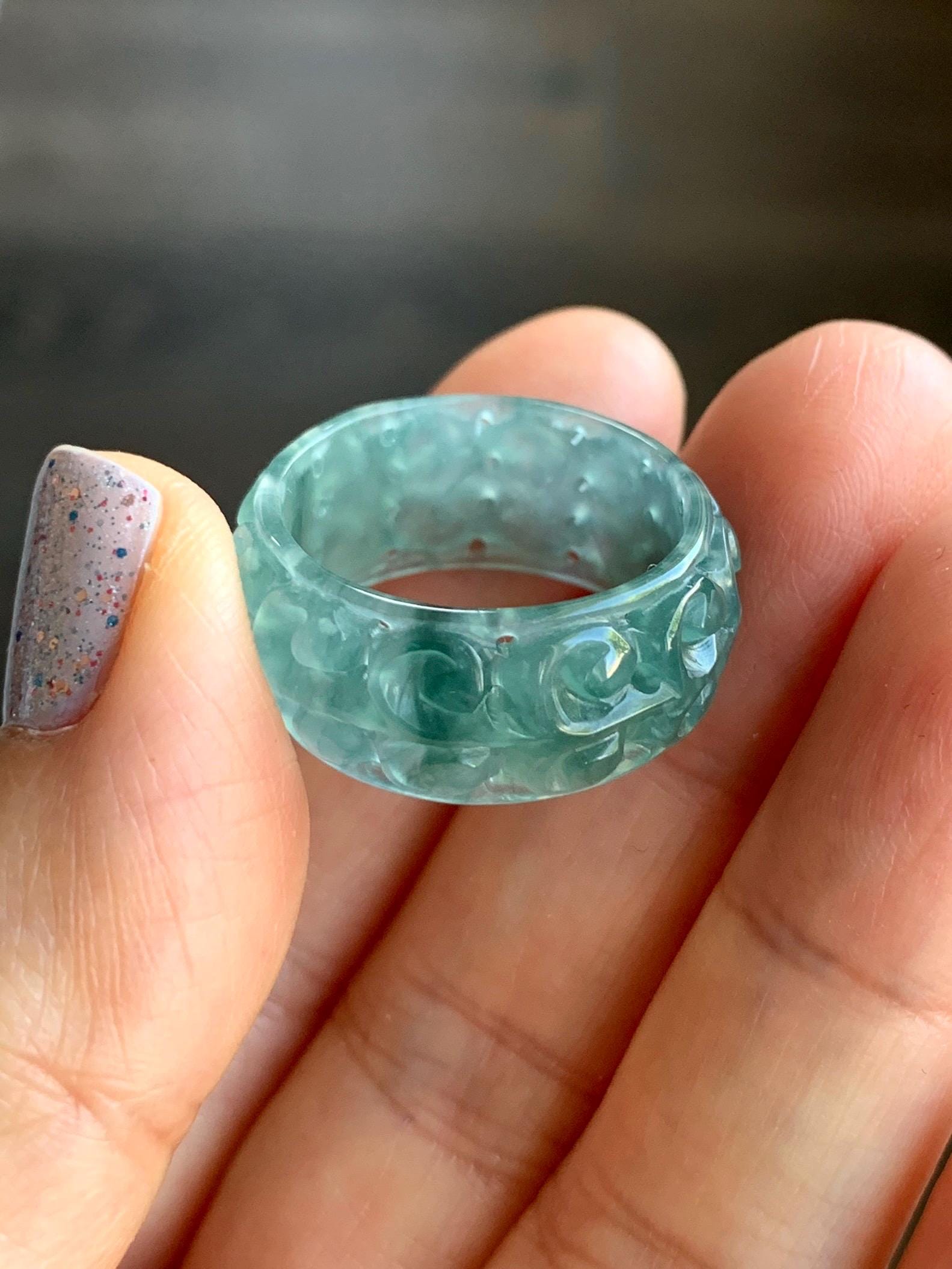 Natural Guatemalan Icy Translucent Teal Blue & Dark Green Marbled Jadeite Openwork Engraved Band Ring Size 9 US 天然冰胶危蓝绿飘花翡翠镂空雕戒圈 LKD-A