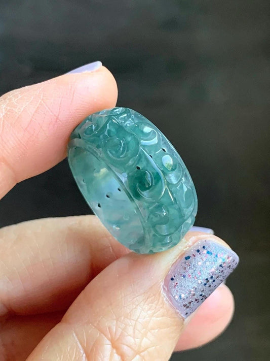 Natural Guatemalan Icy Translucent Teal Blue & Dark Green Marbled Jadeite Openwork Engraved Band Ring Size 9 US 天然冰胶危蓝绿飘花翡翠镂空雕戒圈 LKD-A