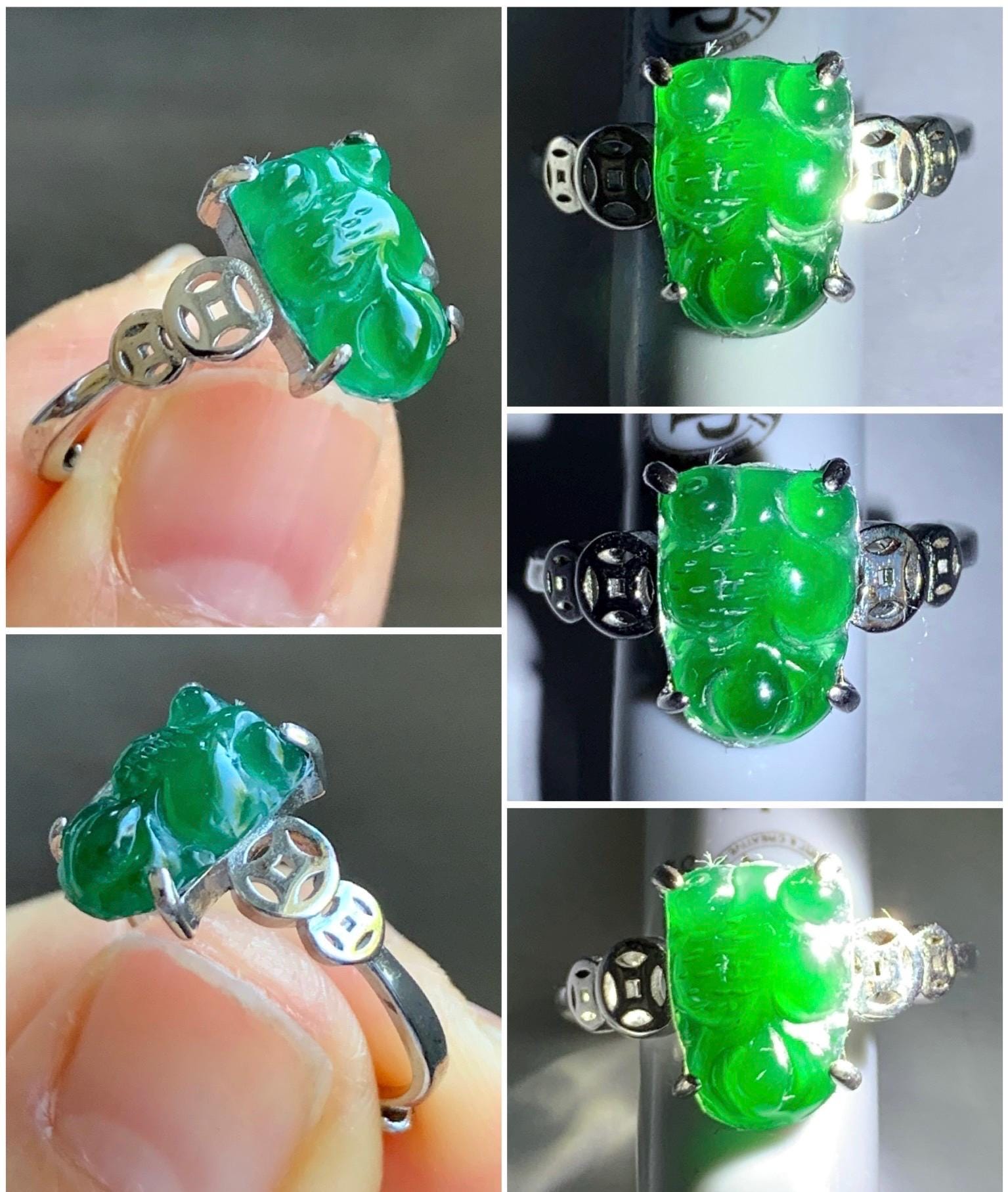 Natural Guatemalan Icy Translucent Deep Green Jadeite Carved Goldfish Ring S925 Sterling Silver Size 7 Adjustable 天然冰危绿翡翠金鱼银镶戒指 XJY88