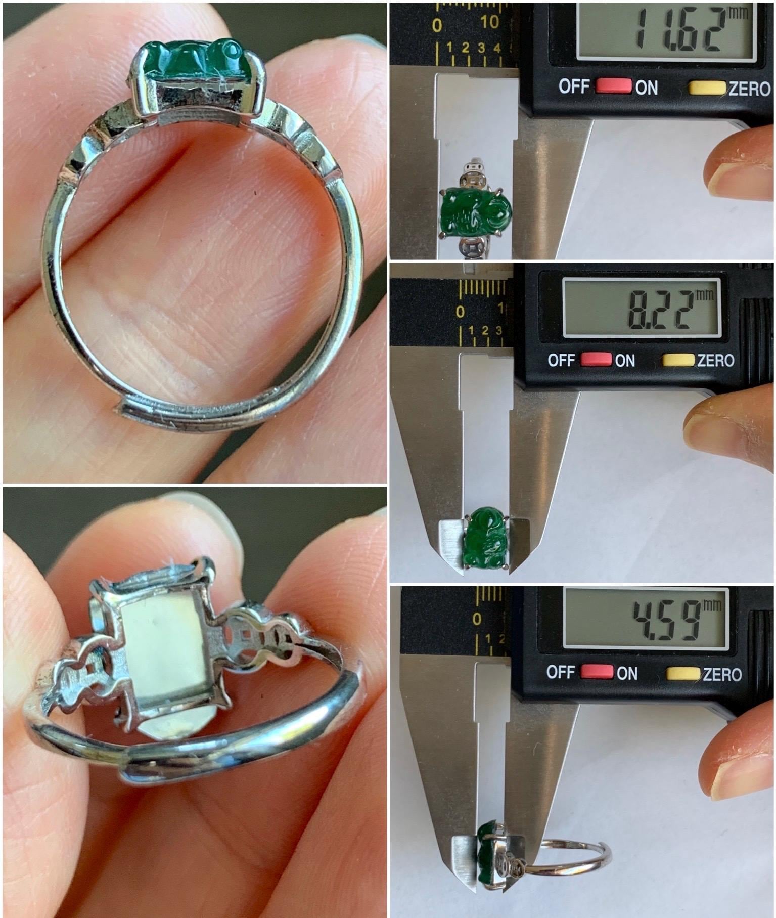 Natural Guatemalan Icy Translucent Deep Green Jadeite Carved Goldfish Ring S925 Sterling Silver Size 7 Adjustable 天然冰危绿翡翠金鱼银镶戒指 XJY88