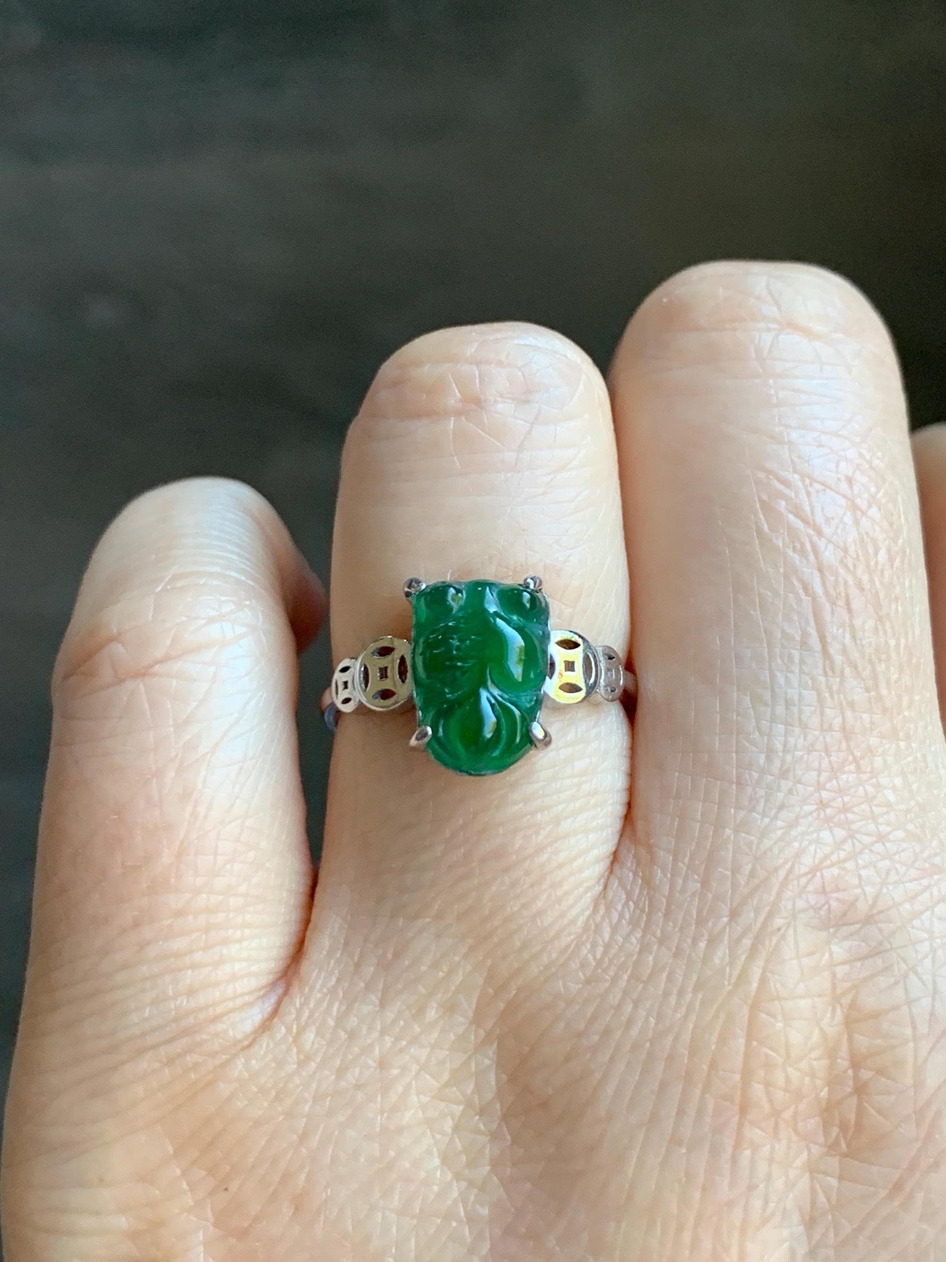Natural Guatemalan Icy Translucent Deep Green Jadeite Carved Goldfish Ring S925 Sterling Silver Size 7 Adjustable 天然冰危绿翡翠金鱼银镶戒指 XJY88