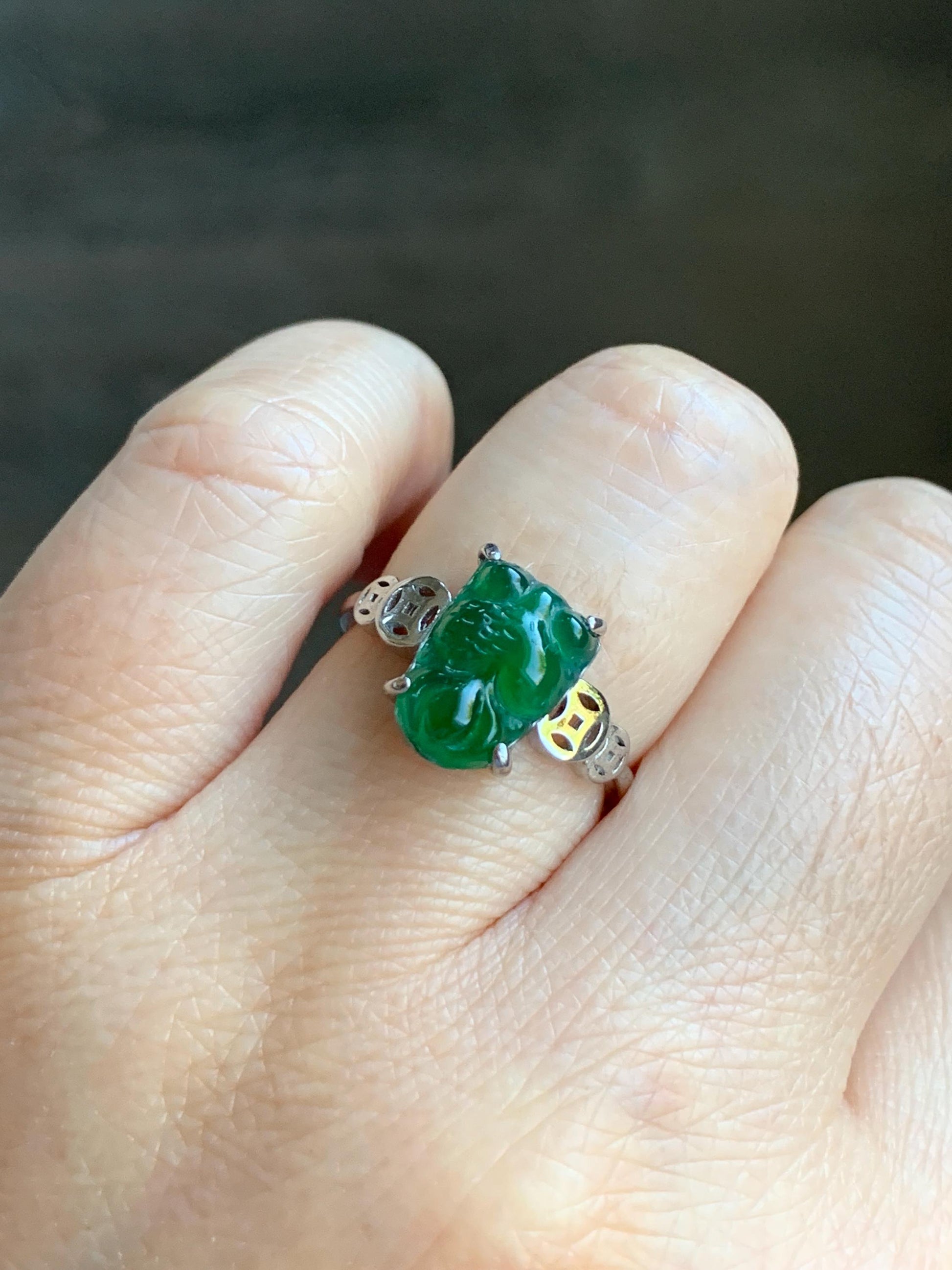 Natural Guatemalan Icy Translucent Deep Green Jadeite Carved Goldfish Ring S925 Sterling Silver Size 7 Adjustable 天然冰危绿翡翠金鱼银镶戒指 XJY88