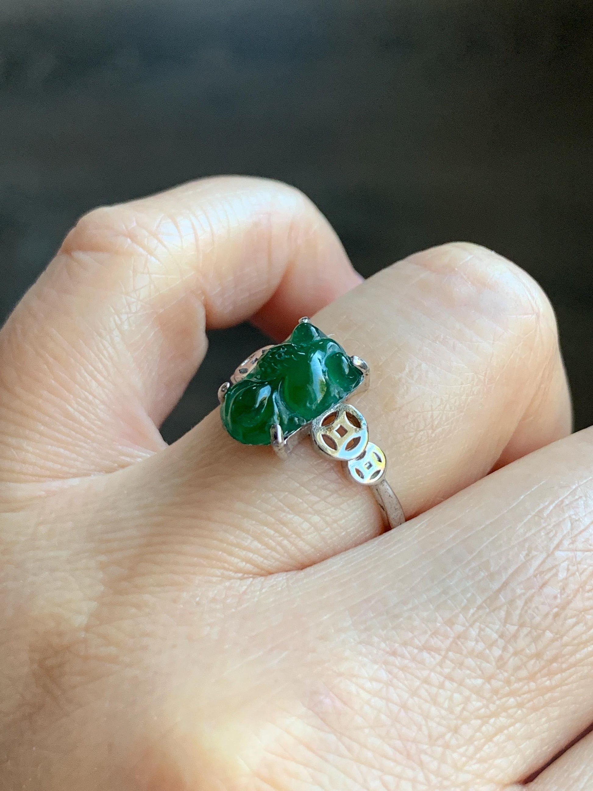 Natural Guatemalan Icy Translucent Deep Green Jadeite Carved Goldfish Ring S925 Sterling Silver Size 7 Adjustable 天然冰危绿翡翠金鱼银镶戒指 XJY88