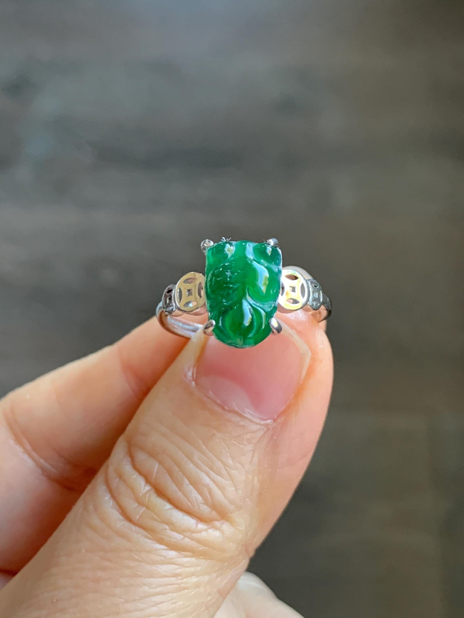 Natural Guatemalan Icy Translucent Deep Green Jadeite Carved Goldfish Ring S925 Sterling Silver Size 7 Adjustable 天然冰危绿翡翠金鱼银镶戒指 XJY88