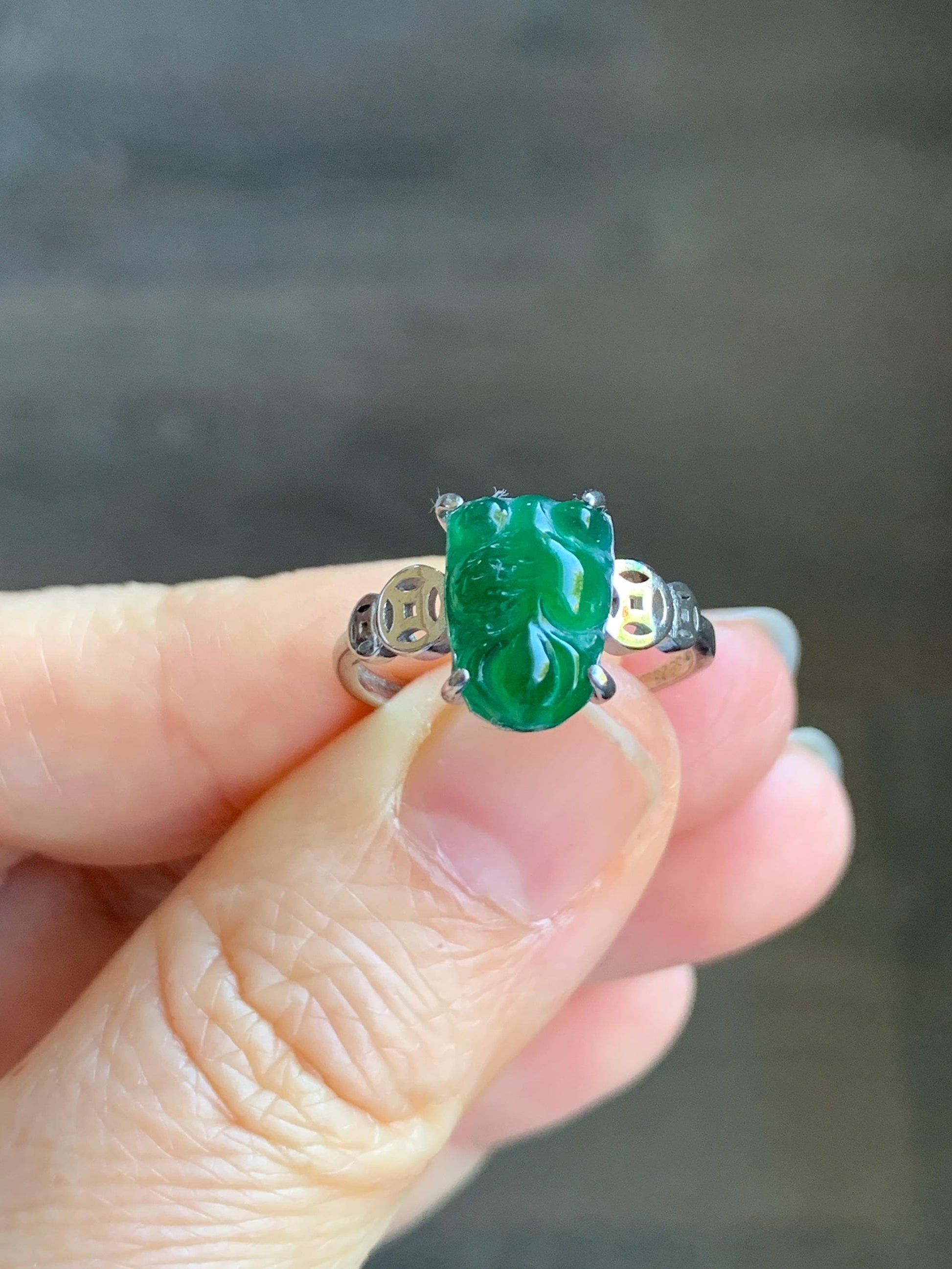 Natural Guatemalan Icy Translucent Deep Green Jadeite Carved Goldfish Ring S925 Sterling Silver Size 7 Adjustable 天然冰危绿翡翠金鱼银镶戒指 XJY88