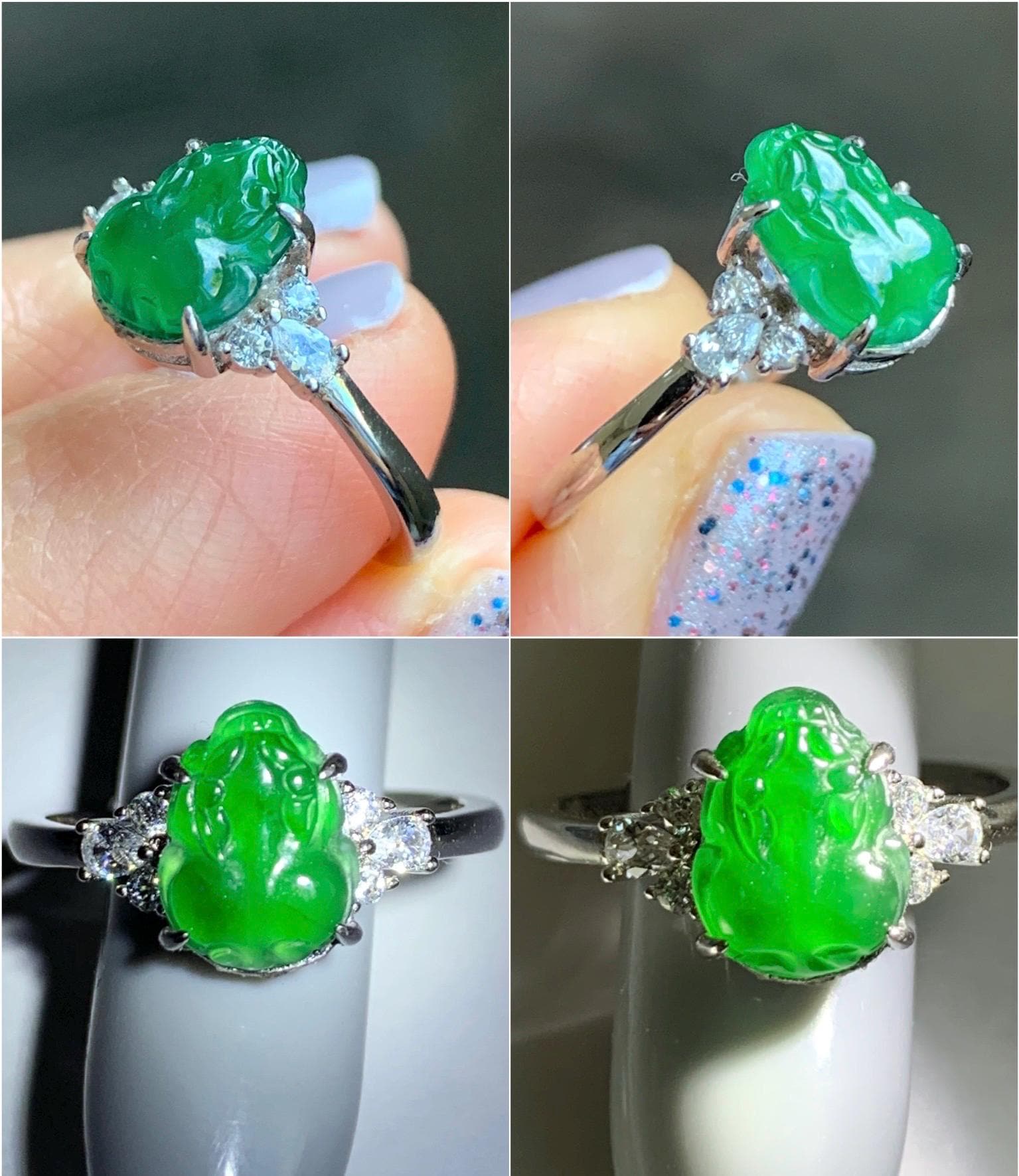 Natural Guatemalan Icy Translucent Vibrant Green Jadeite Carved Pixiu Ring S925 Sterling Silver Size 7 Adjustable 天然高冰危绿翡翠貔貅银镶戒指 WXP88