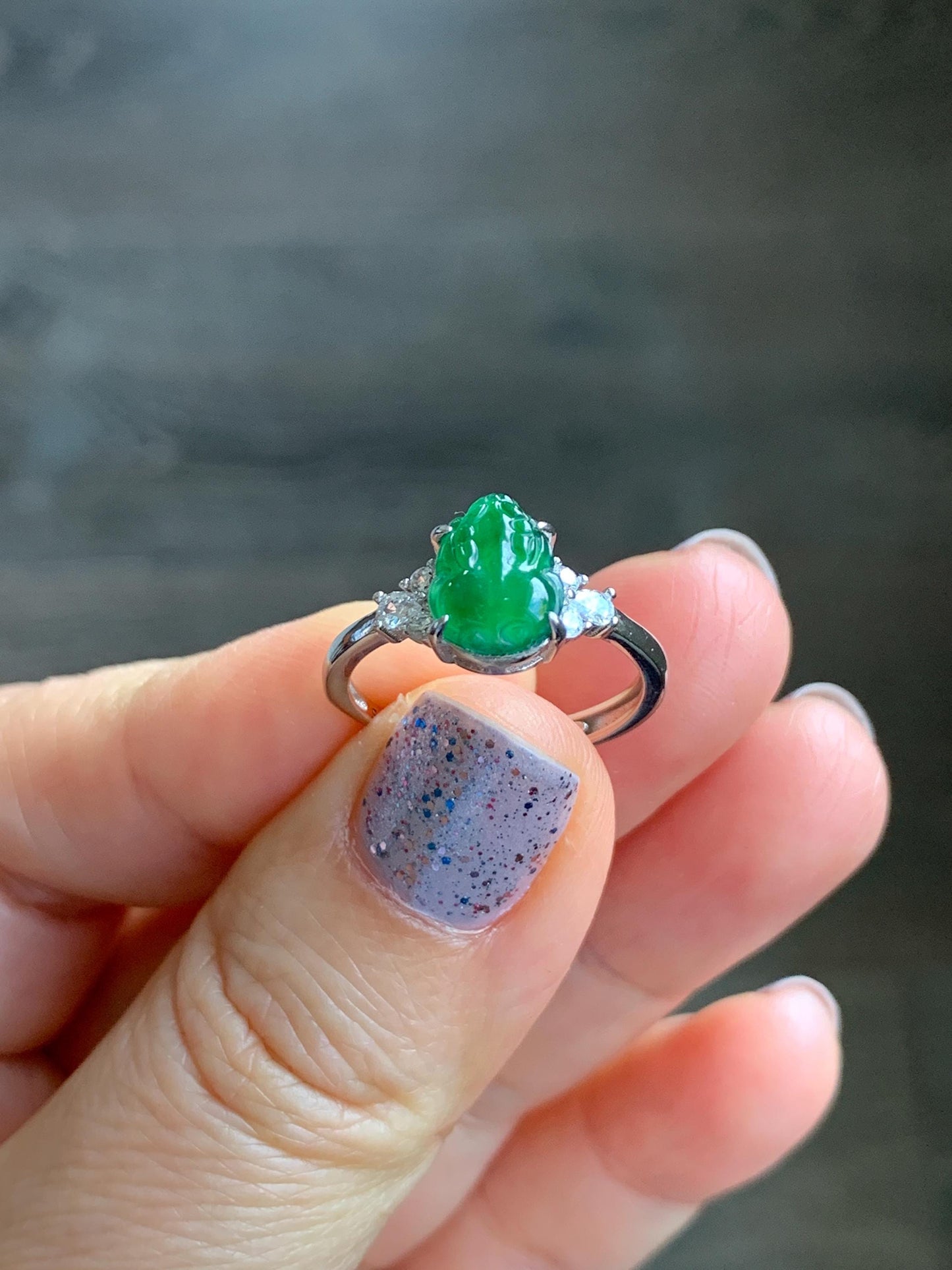 Natural Guatemalan Icy Translucent Vibrant Green Jadeite Carved Pixiu Ring S925 Sterling Silver Size 7 Adjustable 天然高冰危绿翡翠貔貅银镶戒指 WXP88