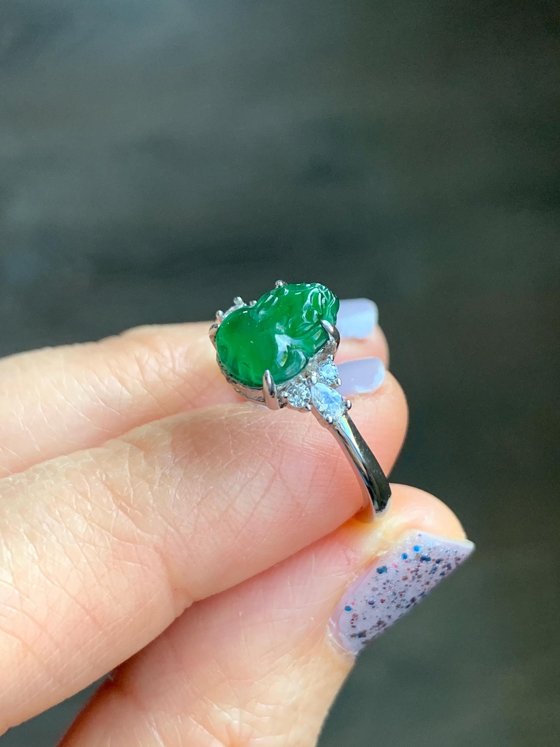 Natural Guatemalan Icy Translucent Vibrant Green Jadeite Carved Pixiu Ring S925 Sterling Silver Size 7 Adjustable 天然高冰危绿翡翠貔貅银镶戒指 WXP88
