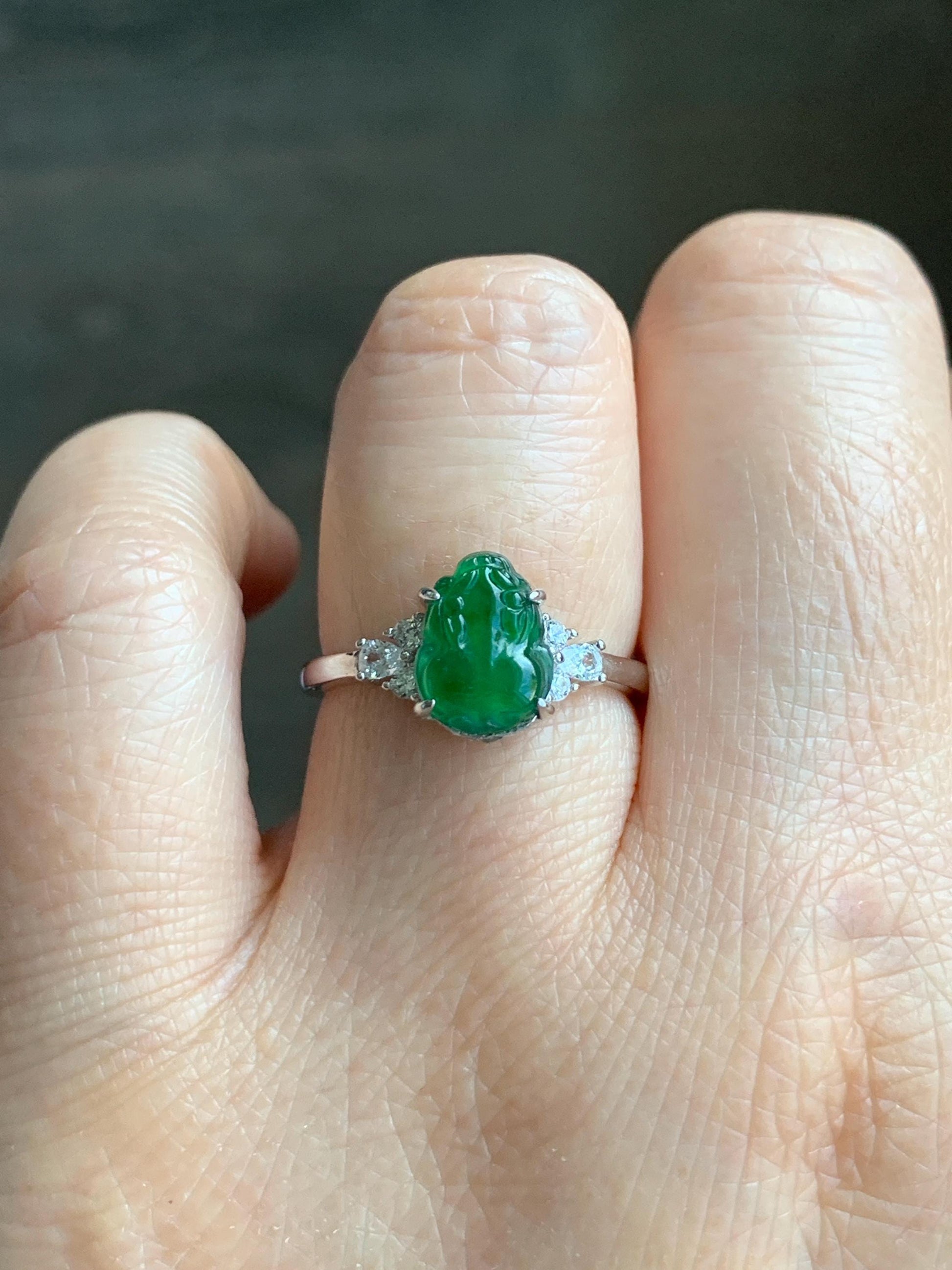 Natural Guatemalan Icy Translucent Vibrant Green Jadeite Carved Pixiu Ring S925 Sterling Silver Size 7 Adjustable 天然高冰危绿翡翠貔貅银镶戒指 WXP88