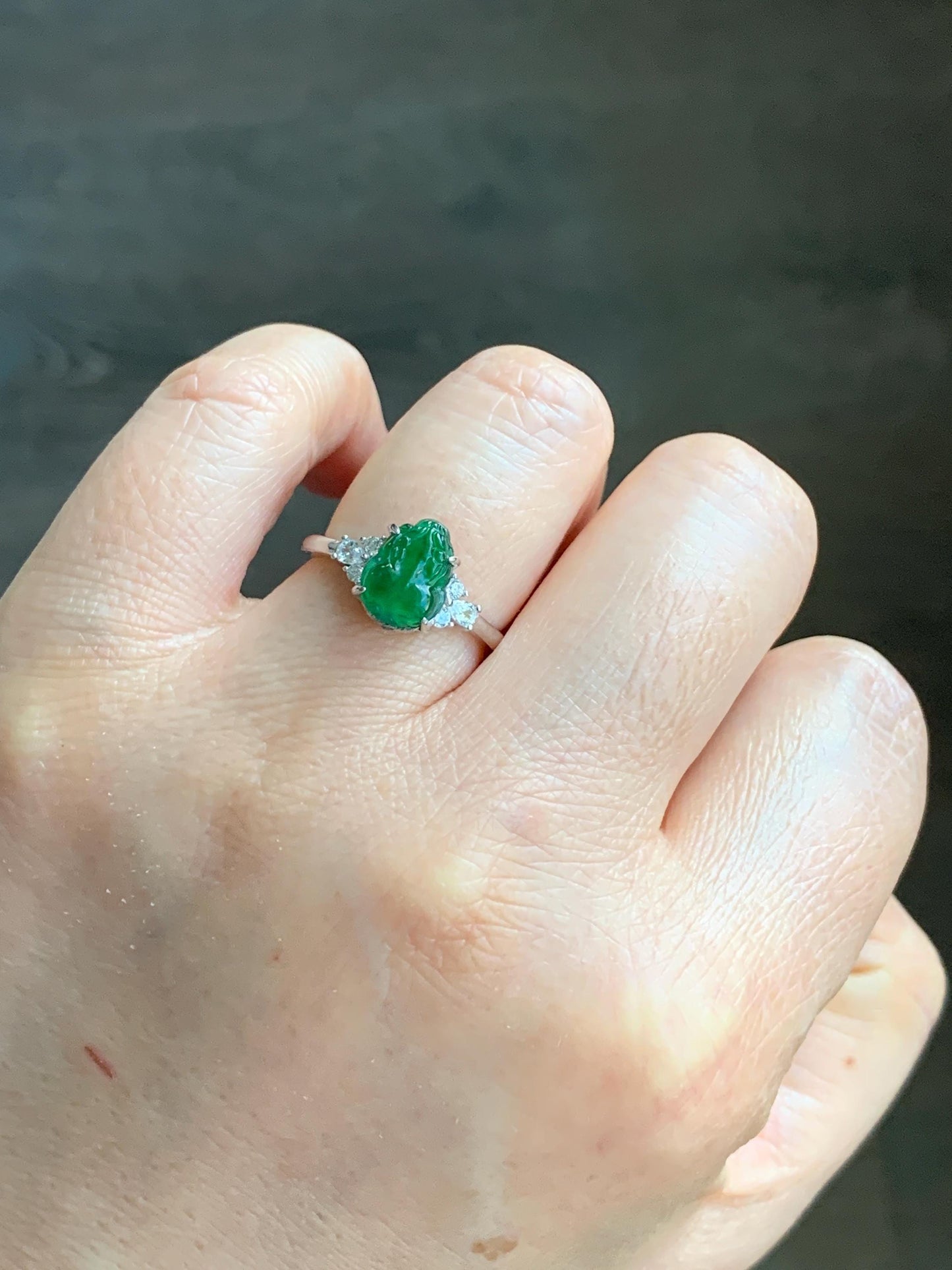 Natural Guatemalan Icy Translucent Vibrant Green Jadeite Carved Pixiu Ring S925 Sterling Silver Size 7 Adjustable 天然高冰危绿翡翠貔貅银镶戒指 WXP88