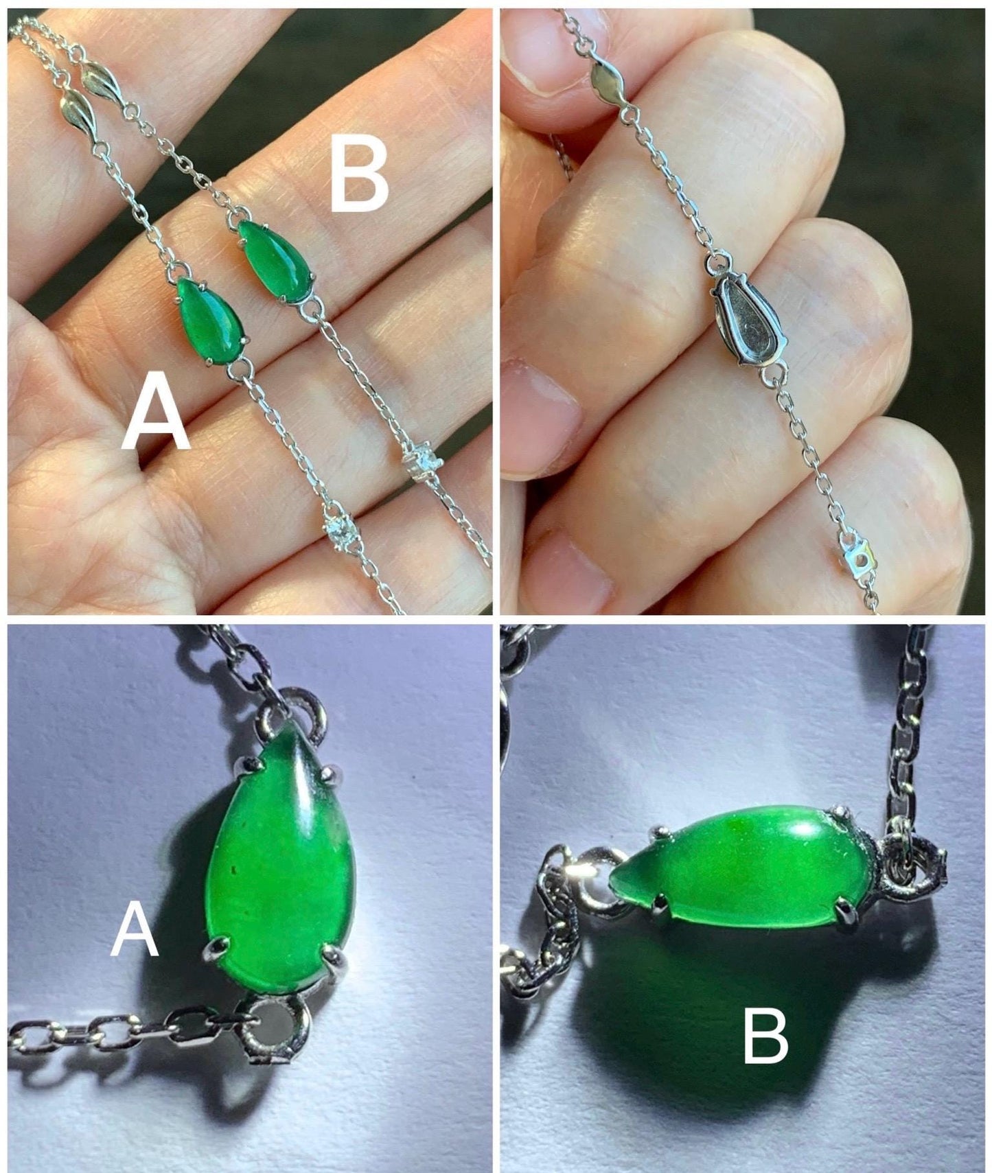 Natural Guatemalan Icy Translucent Vibrant Green Teardrop Jadeite Cable Link Chain Bracelet Sterling Silver 6.25”-7.5” 天然冰危绿水滴翡翠银镶手链