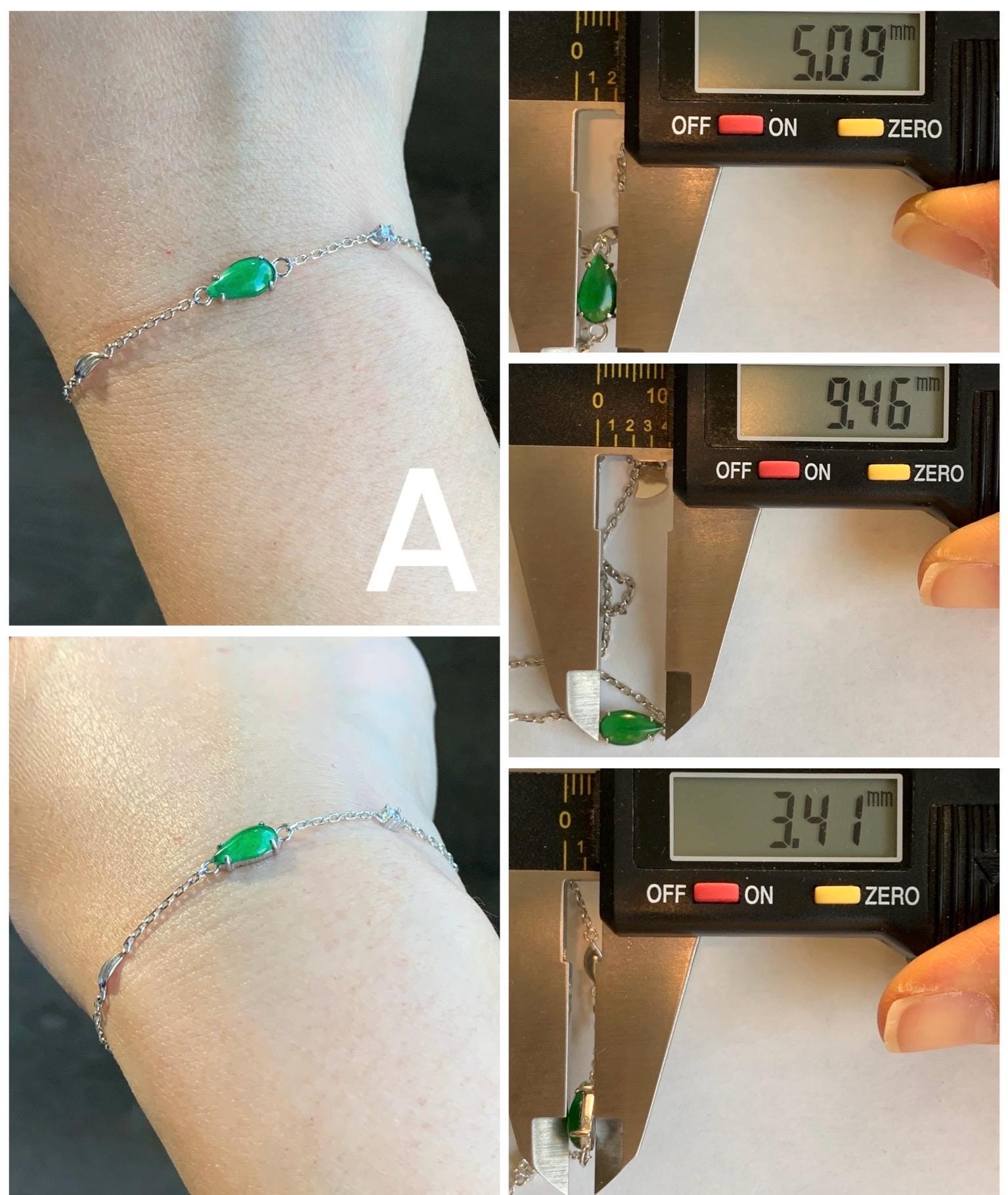 Natural Guatemalan Icy Translucent Vibrant Green Teardrop Jadeite Cable Link Chain Bracelet Sterling Silver 6.25”-7.5” 天然冰危绿水滴翡翠银镶手链