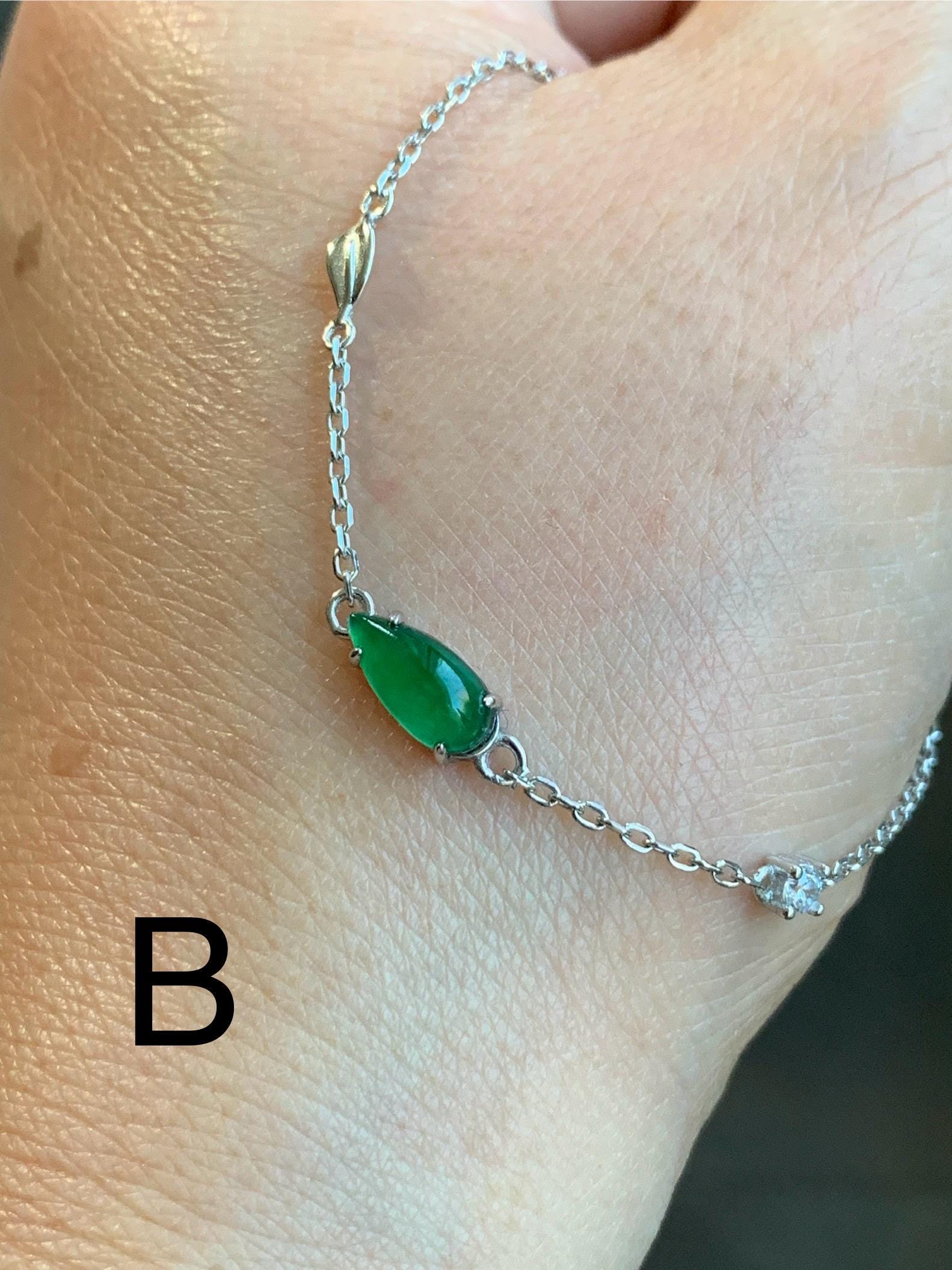 Natural Guatemalan Icy Translucent Vibrant Green Teardrop Jadeite Cable Link Chain Bracelet Sterling Silver 6.25”-7.5” 天然冰危绿水滴翡翠银镶手链