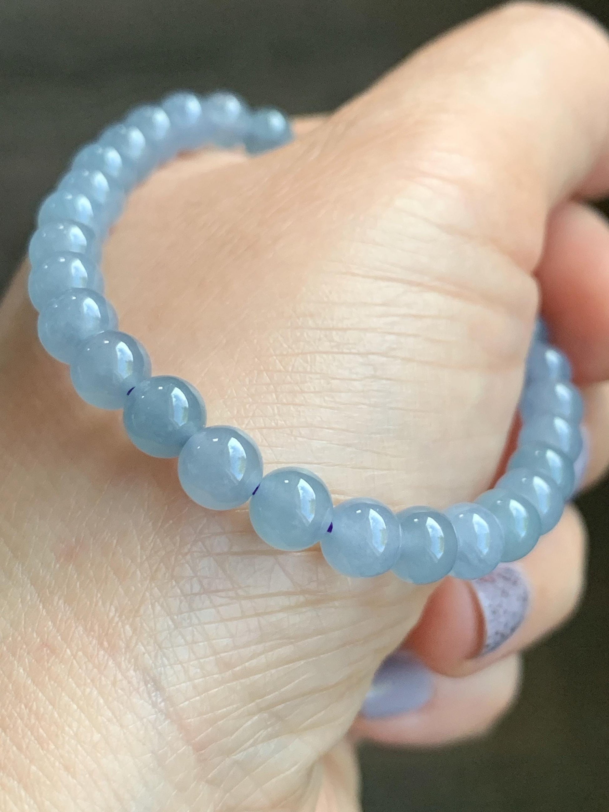 Natural Guatemalan Icy Translucent Light Blue w/ Purple Undertone Jadeite Small Beads Beaded Bracelet 5.9mm 6.75” 11g 天然冰危蓝紫翡翠圆珠手串 XLZ338