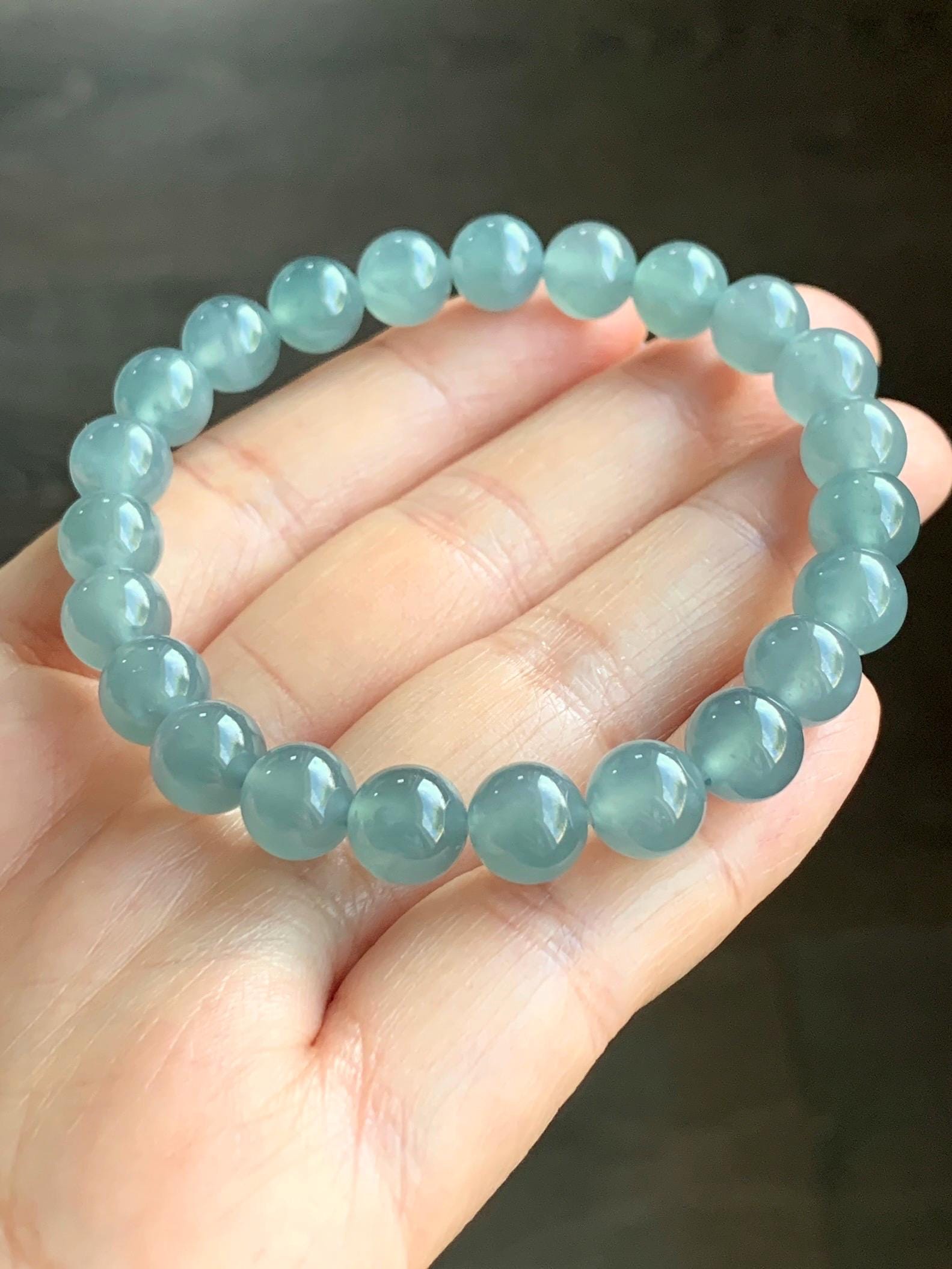 Certified Natural Guatemalan Grade A Icy Highly Translucent Dusty Teal Blue Jadeite Beaded Bracelet Stretchy 7.9mm 7” 20g 天然冰危蓝绿翡翠圆珠手串 7848