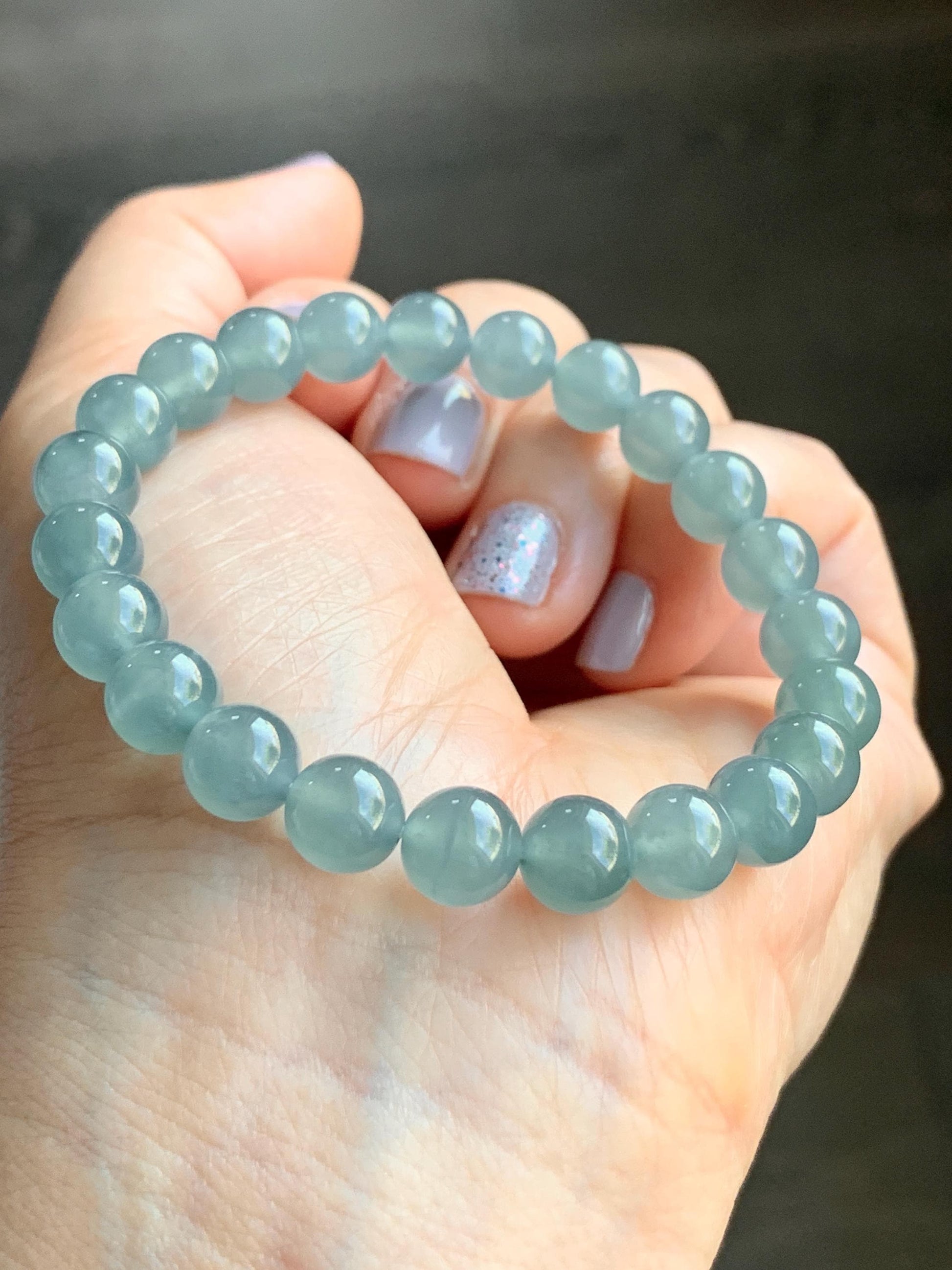 Certified Natural Guatemalan Grade A Icy Highly Translucent Dusty Teal Blue Jadeite Beaded Bracelet Stretchy 7.9mm 7” 20g 天然冰危蓝绿翡翠圆珠手串 7848