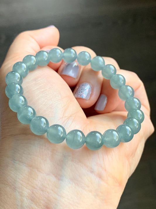 Certified Natural Guatemalan Grade A Icy Highly Translucent Dusty Teal Blue Jadeite Beaded Bracelet Stretchy 7.9mm 7” 20g 天然冰危蓝绿翡翠圆珠手串 7848