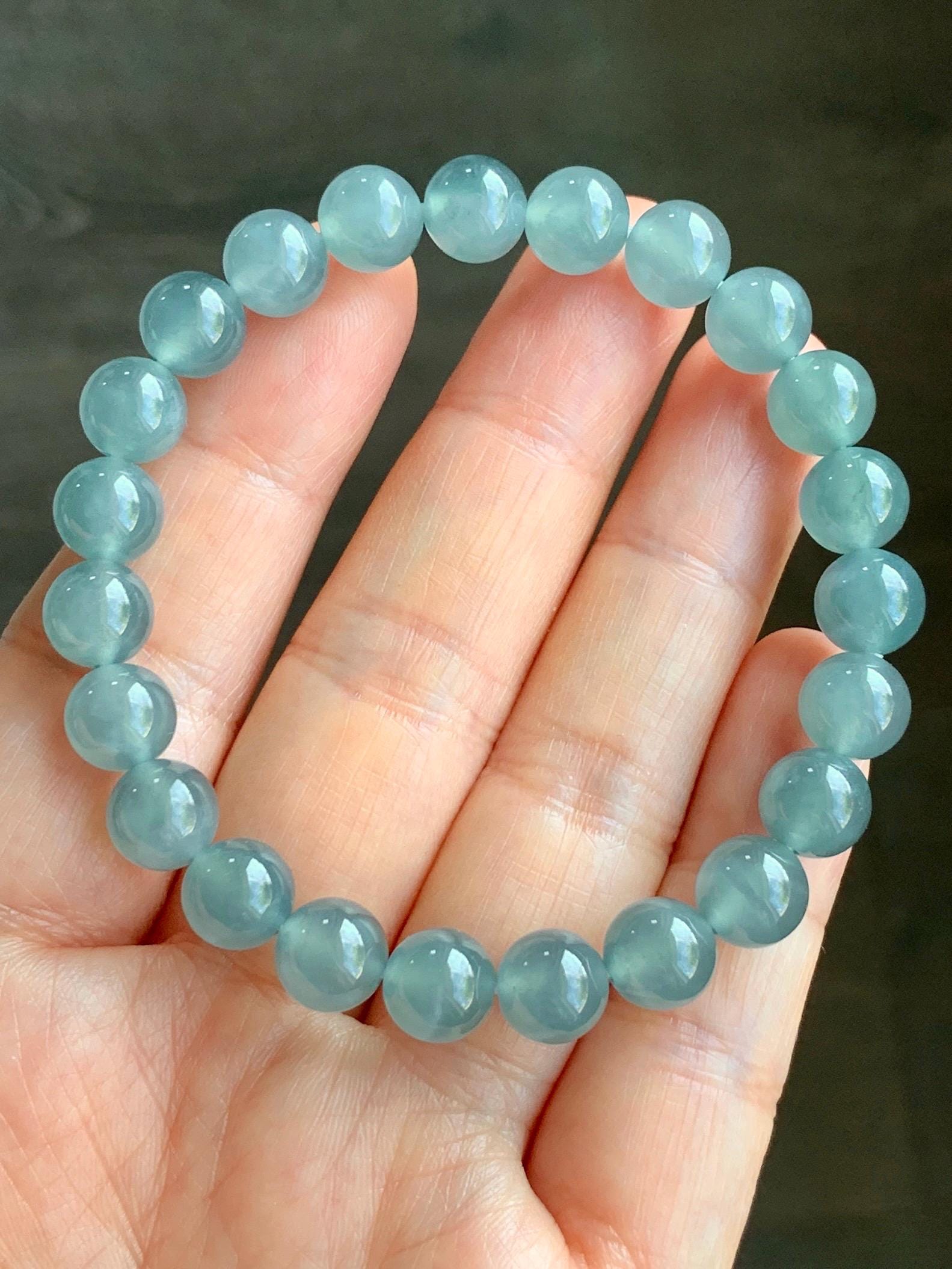 Certified Natural Guatemalan Grade A Icy Highly Translucent Dusty Teal Blue Jadeite Beaded Bracelet Stretchy 7.9mm 7” 20g 天然冰危蓝绿翡翠圆珠手串 7848